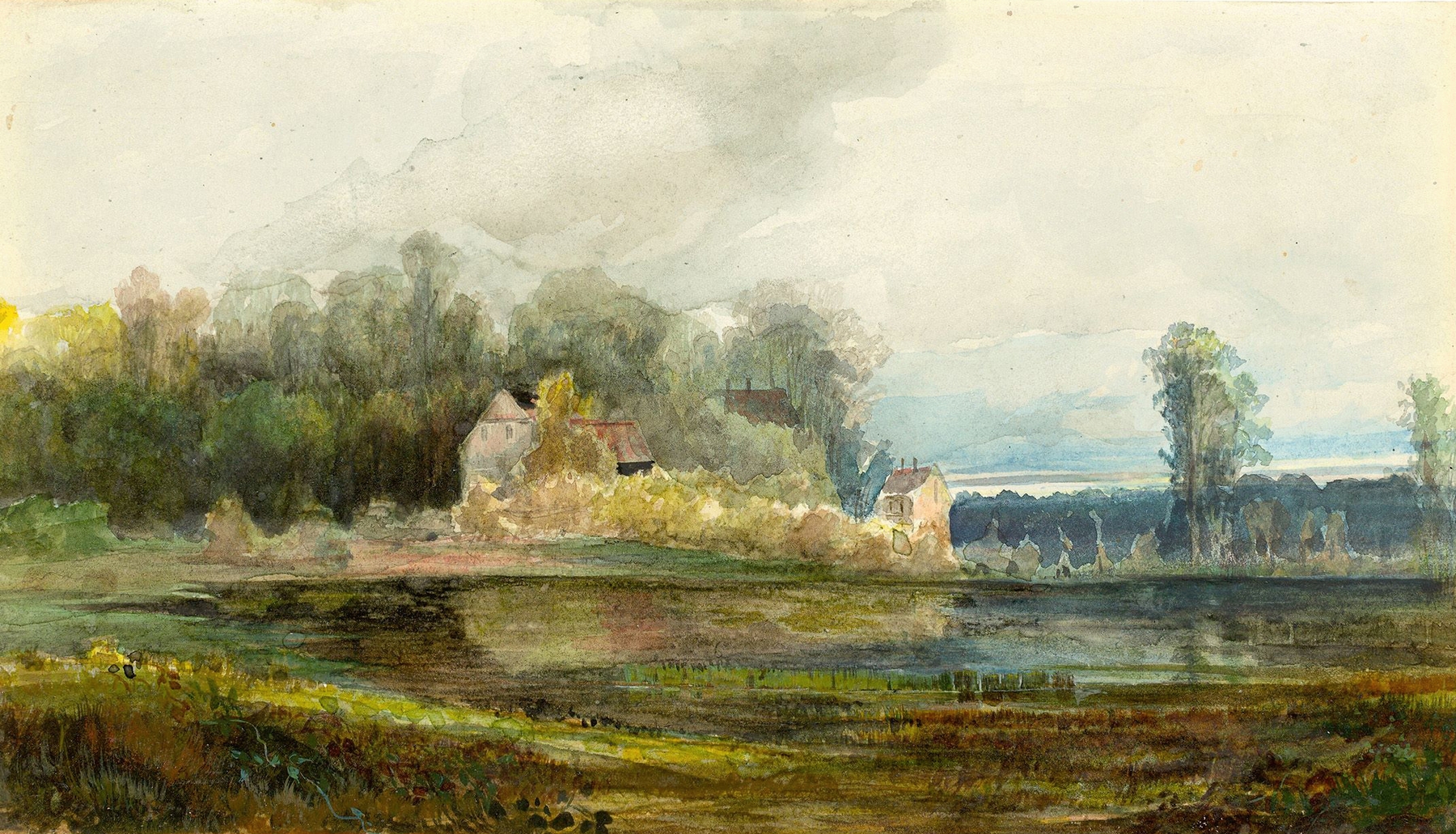 Teich mit Wald und Häusern, by Carl Blechen, public domain