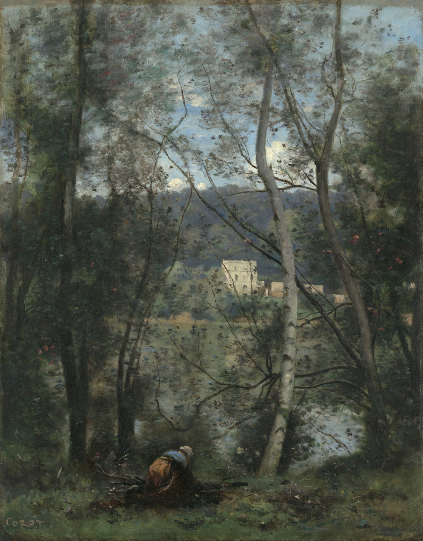 A woman gathering faggots in a lush landscape, oil on canvas by Jean-Baptiste-Camille Corot