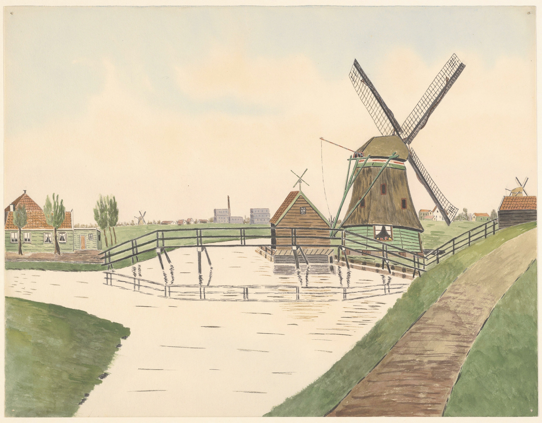 Oil painting by Johannes Nicolaas Eijman depicting a watermill and wooden bridge in a landscape.