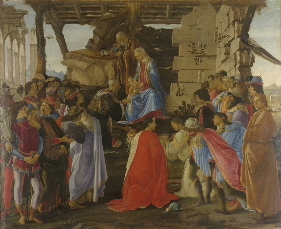 Sandro Botticelli's 'Adoration of the Magi' depicts the Three Wise Men presenting gifts to the infant Jesus.