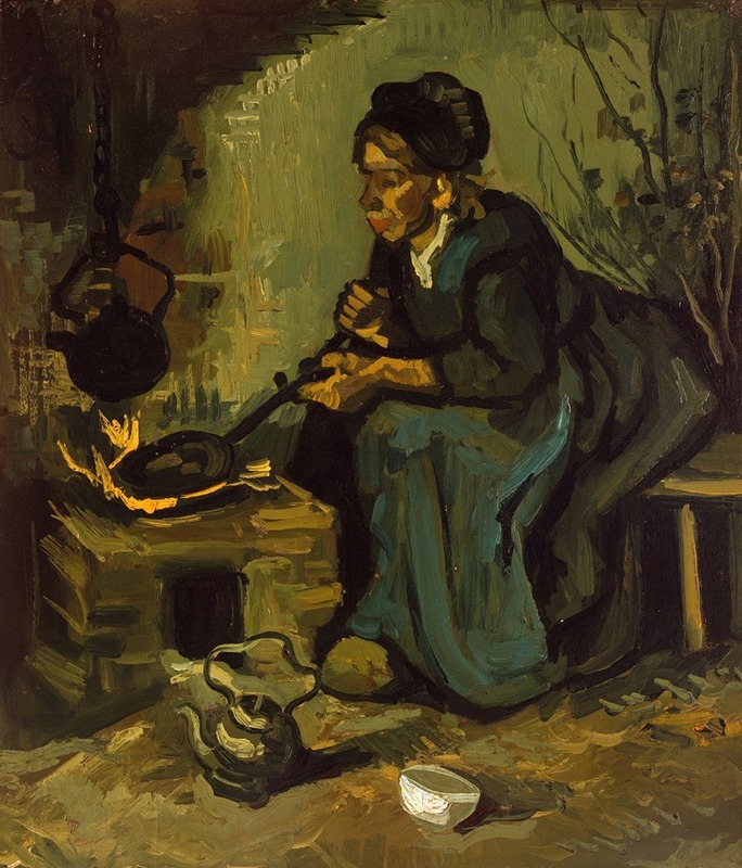 A peasant woman cooks by a fireplace, showcasing Van Gogh's unique brushwork.