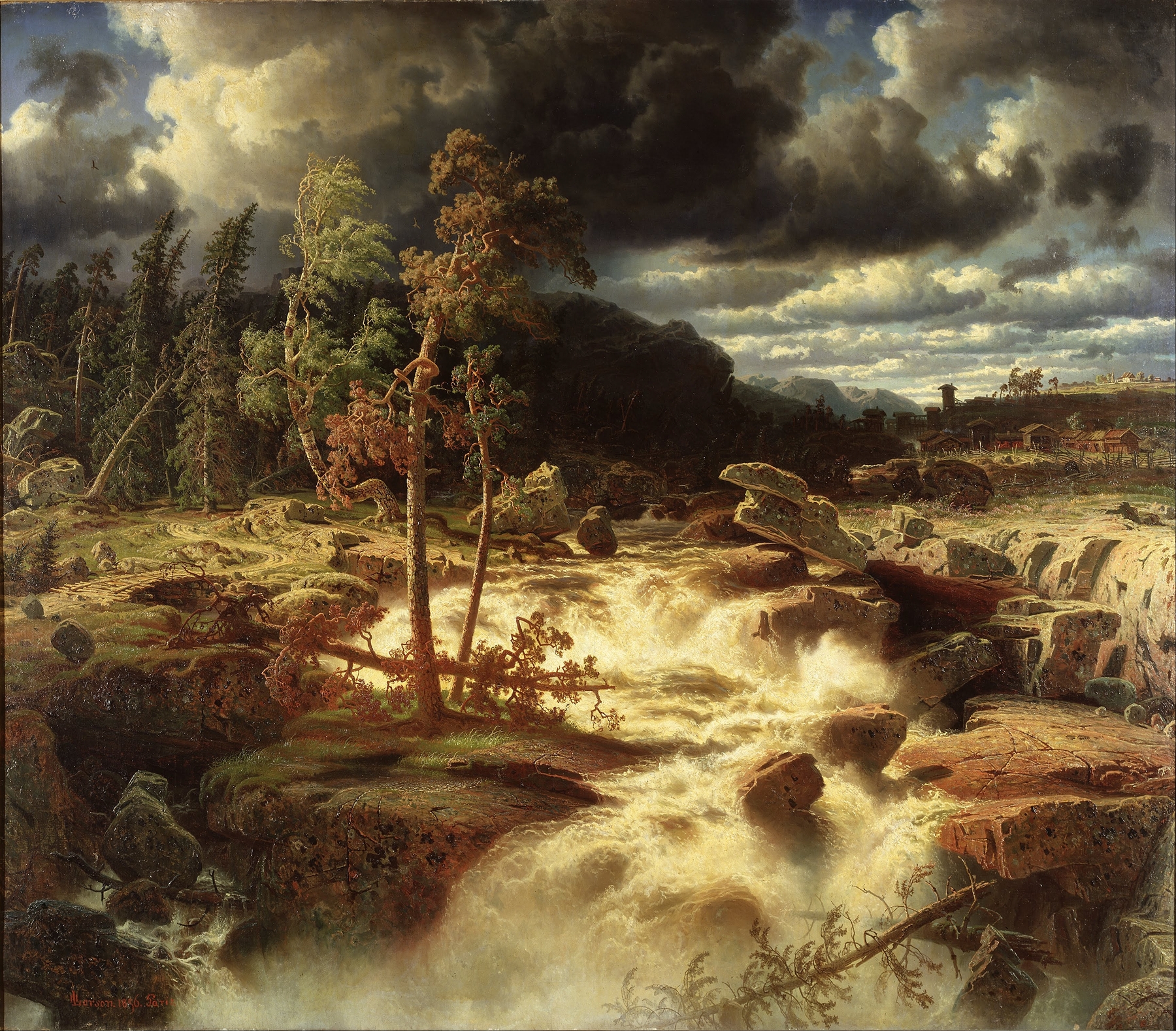 Waterfall in Småland by Marcus Larson, oil painting depicting a serene waterfall surrounded by forest.