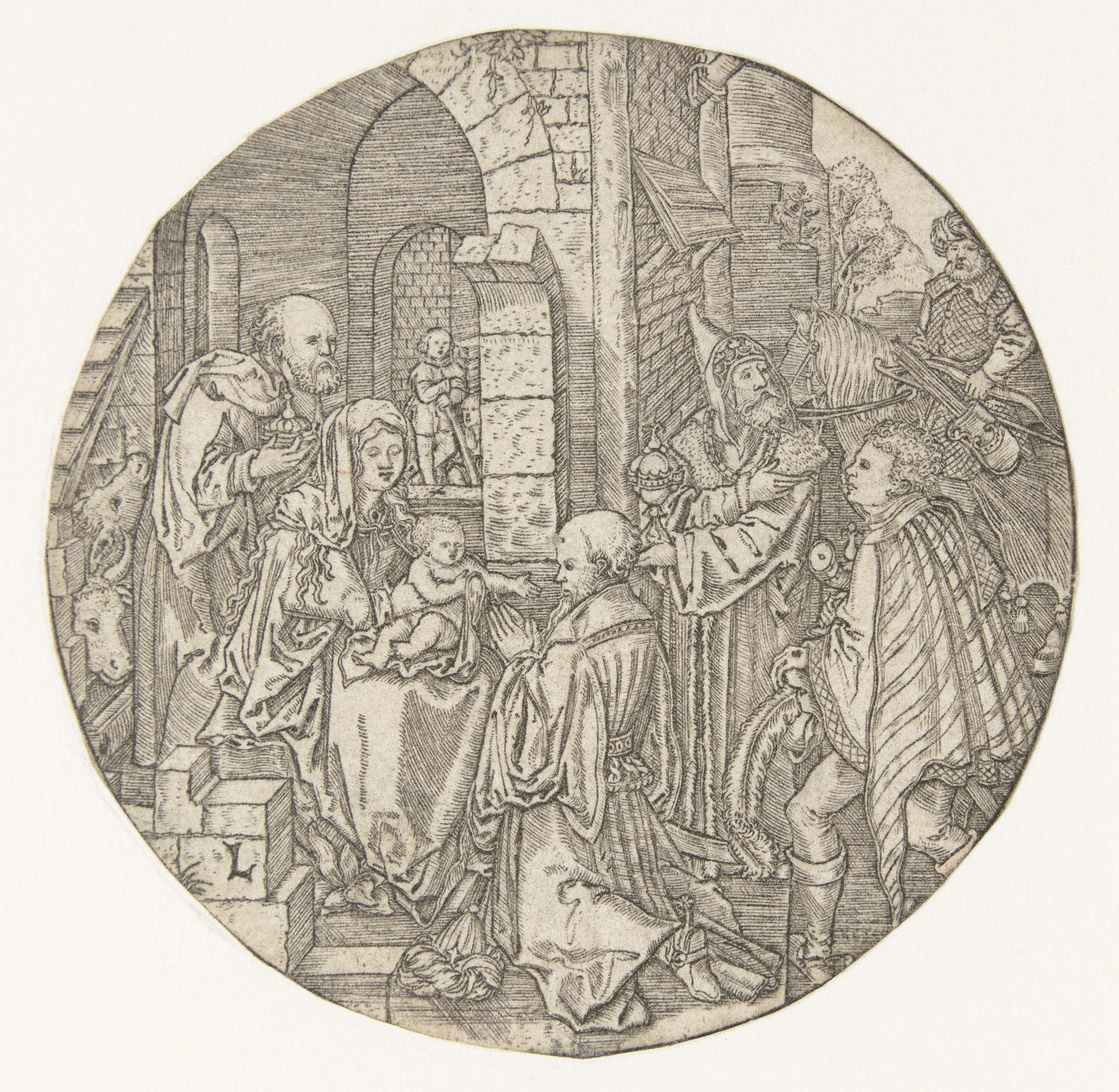 De aanbidding der koningen engraving by Monogrammist L depicting a scene of worship