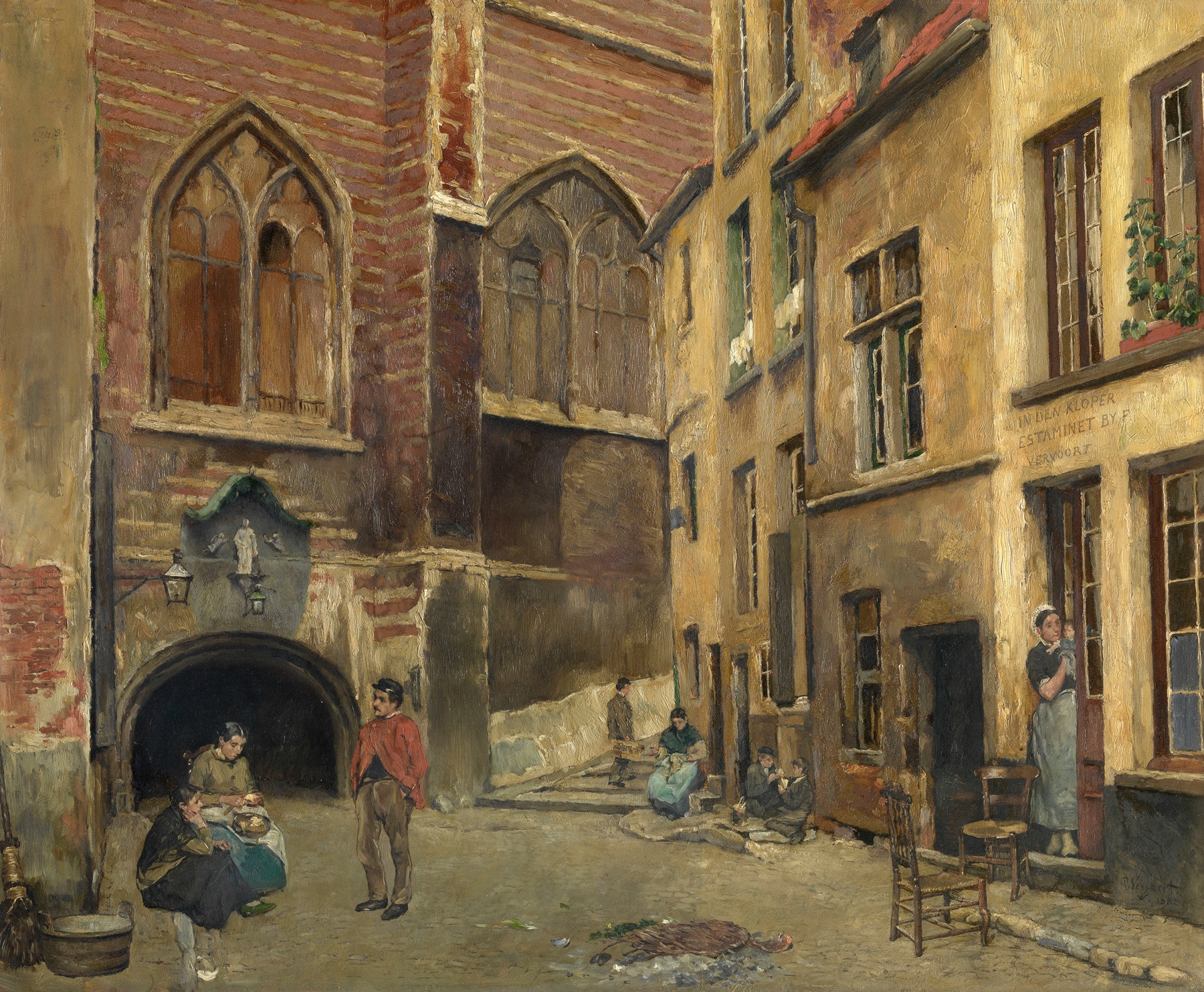 The Old Antwerp Butcher Hall by Piet Verhaert, oil on canvas, depicting butchers carving meat.