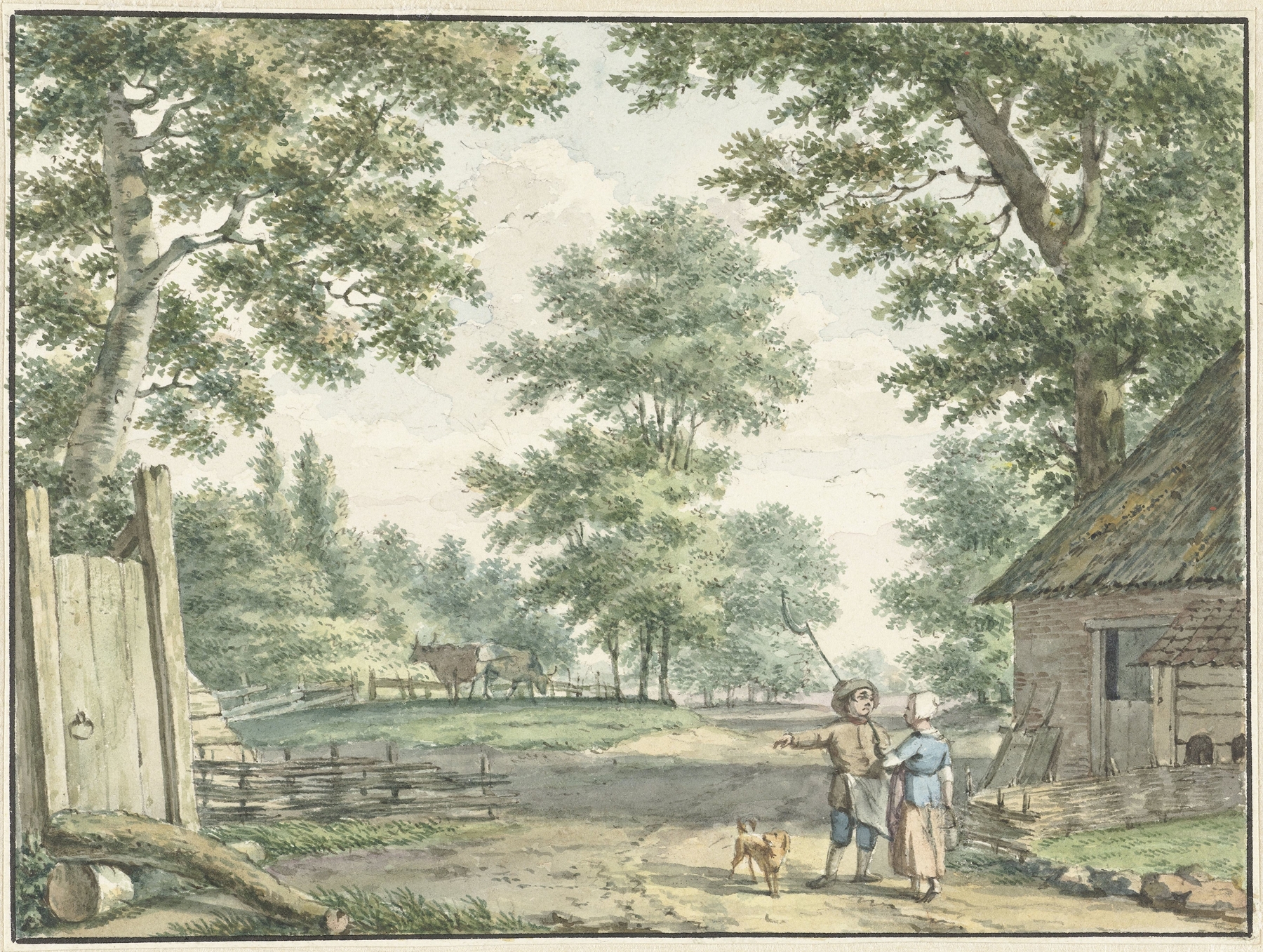 Landscape with two figures near a farmhouse, oil painting by Izaak Schmidt