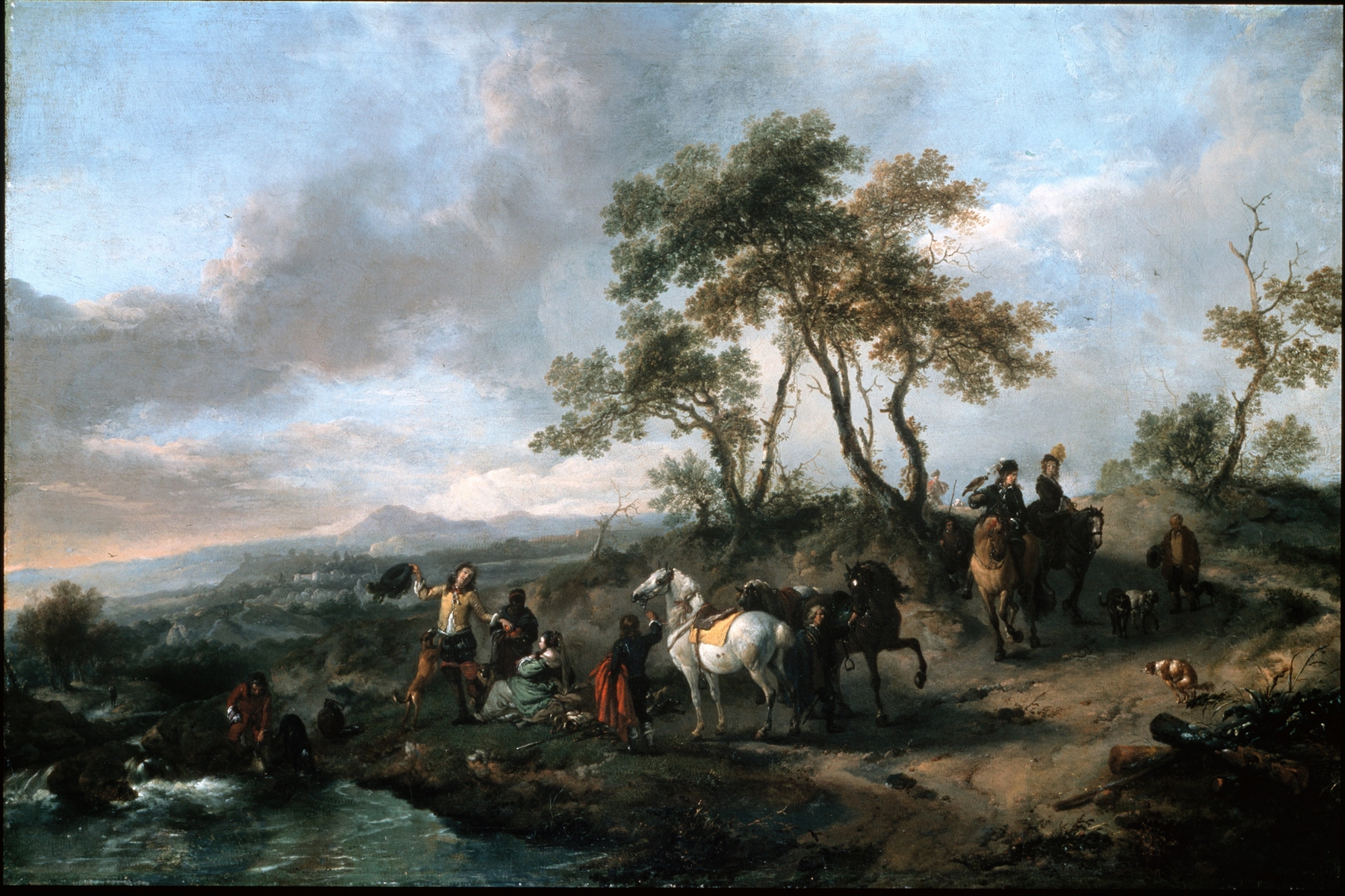 Halt of a Hunting Party by Philips Wouwerman, oil painting depicting elegantly dressed hunters in a landscape.