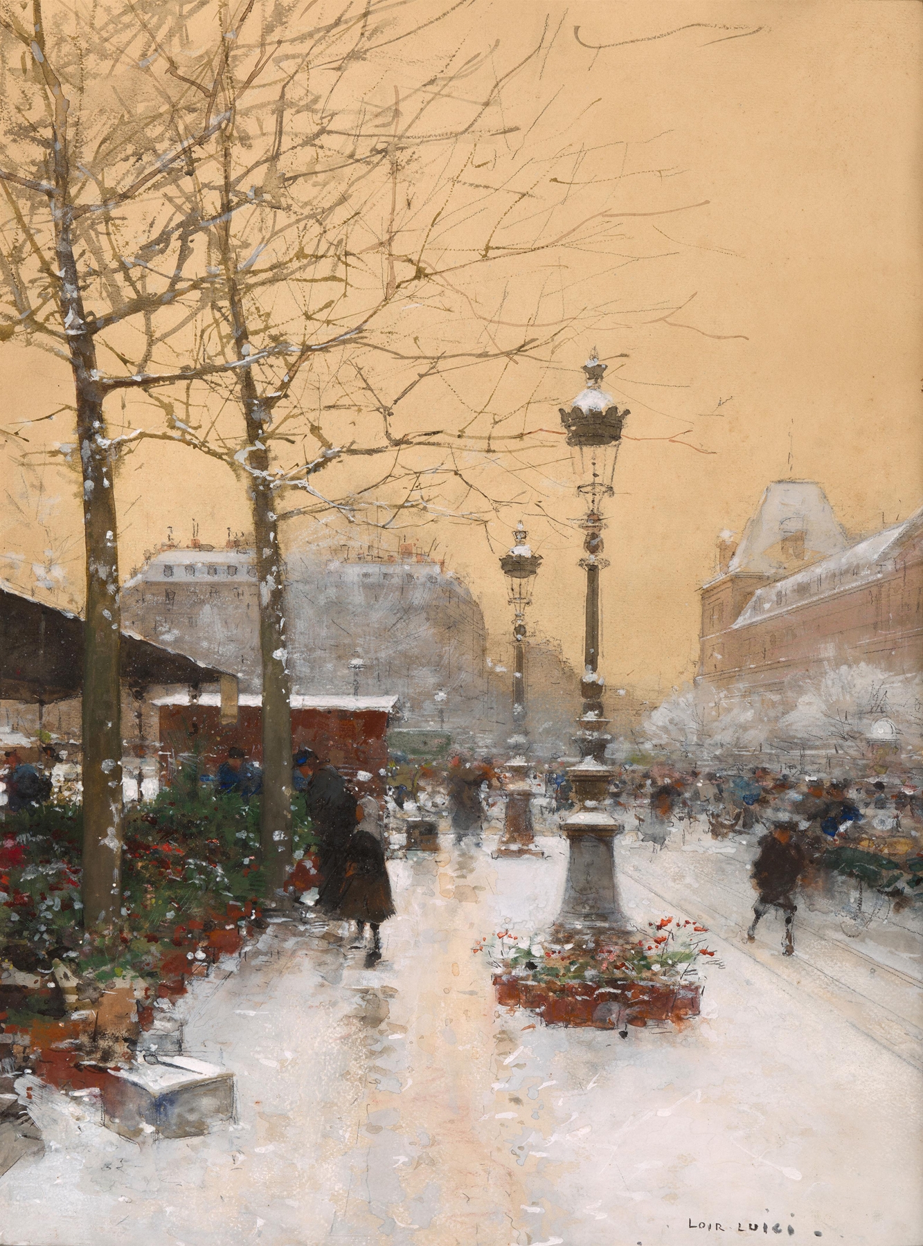 Winter landscape with flowers and snow, oil on canvas by Luigi Loir