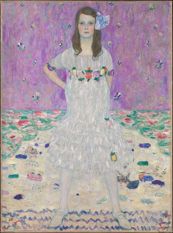 A portrait of a young girl by Gustav Klimt showcasing intricate patterns and vibrant colors.