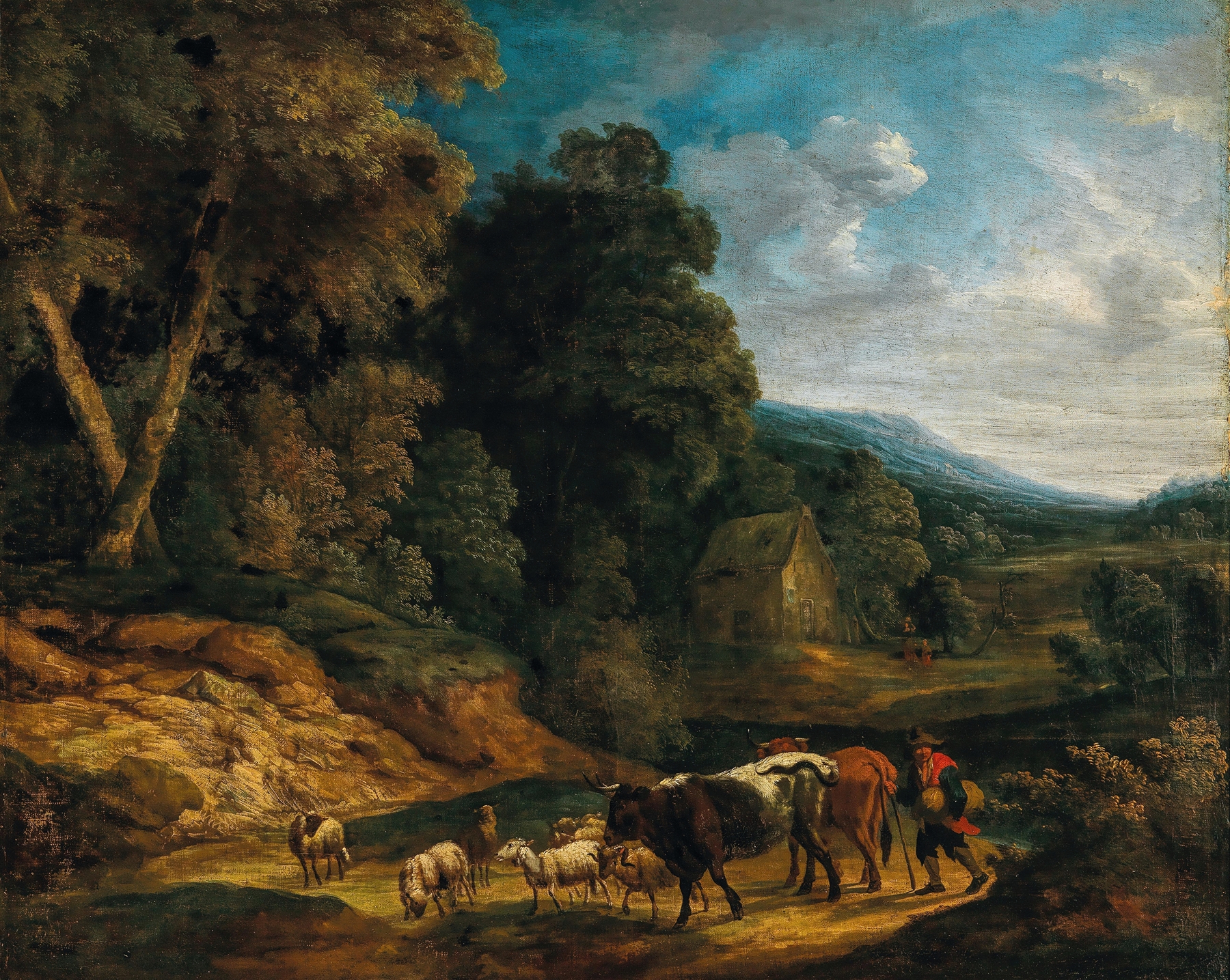 A southern landscape with herdsmen and their flock, oil painting by Adriaen Frans Boudewijns