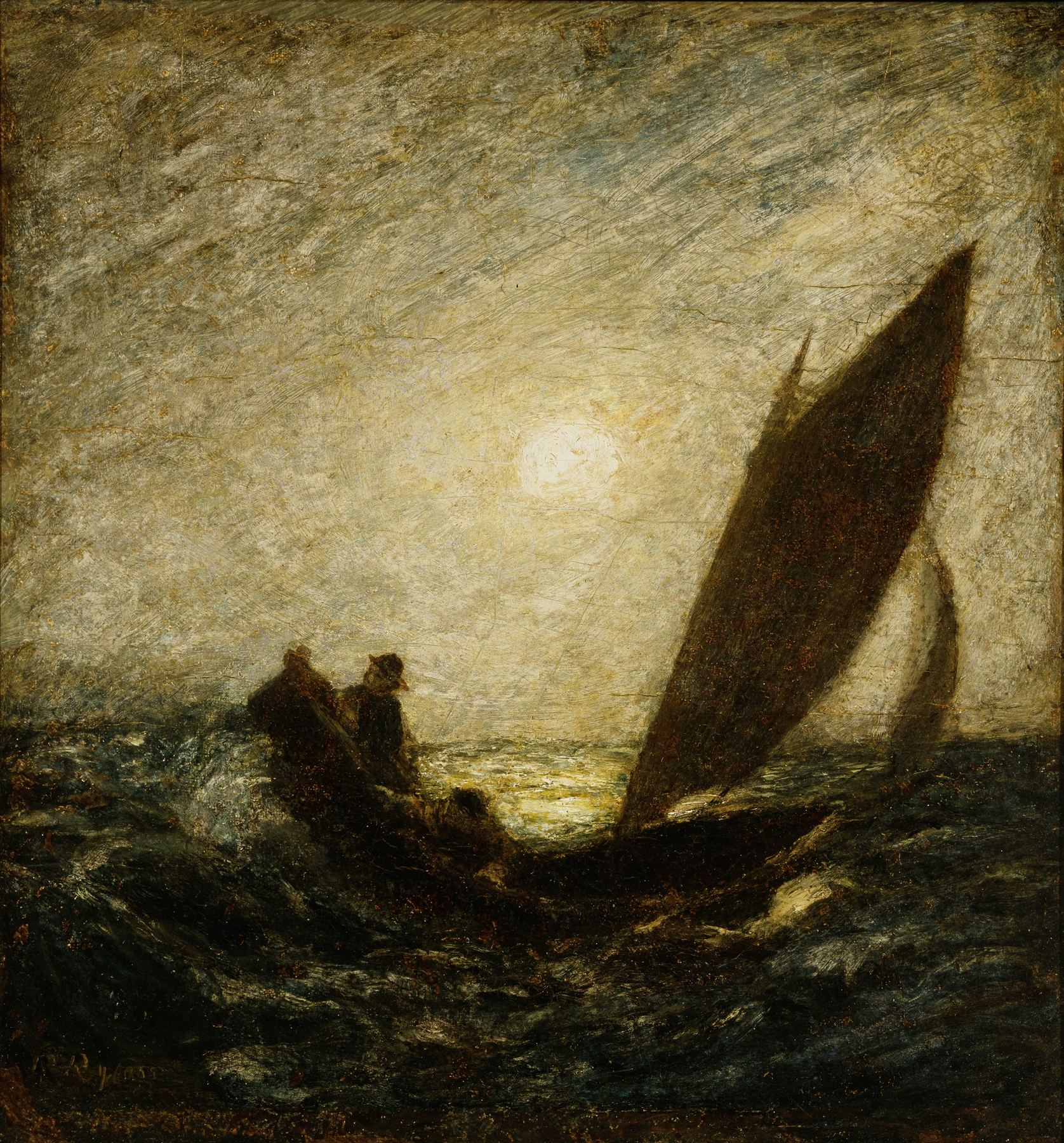 Marine scene with a ship in a storm, oil painting by Albert Pinkham Ryder