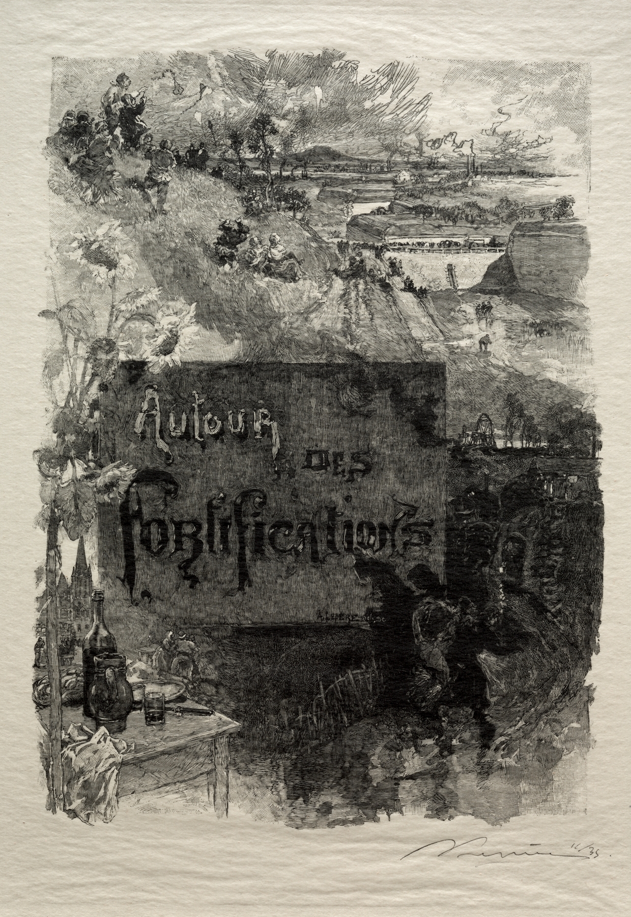 Engraving by Auguste Louis Lepère featuring an ornamental border and warm hues