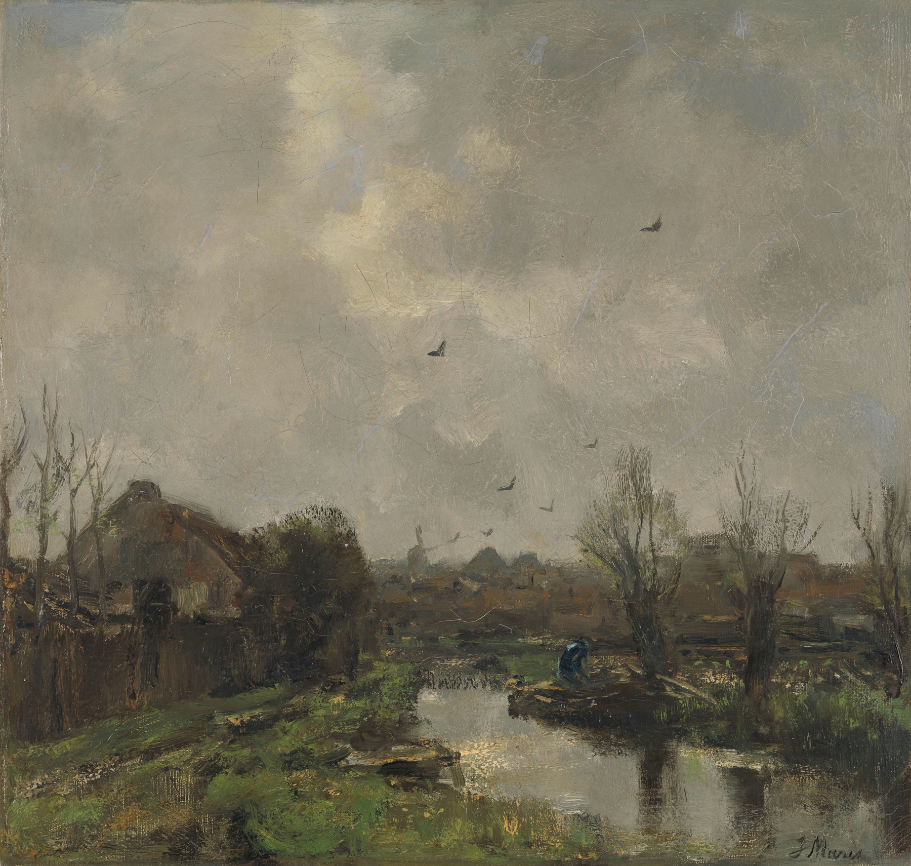 Landschap in de omgeving van Den Haag by Jacob Maris, oil on canvas depicting rolling hills and twilight sky.