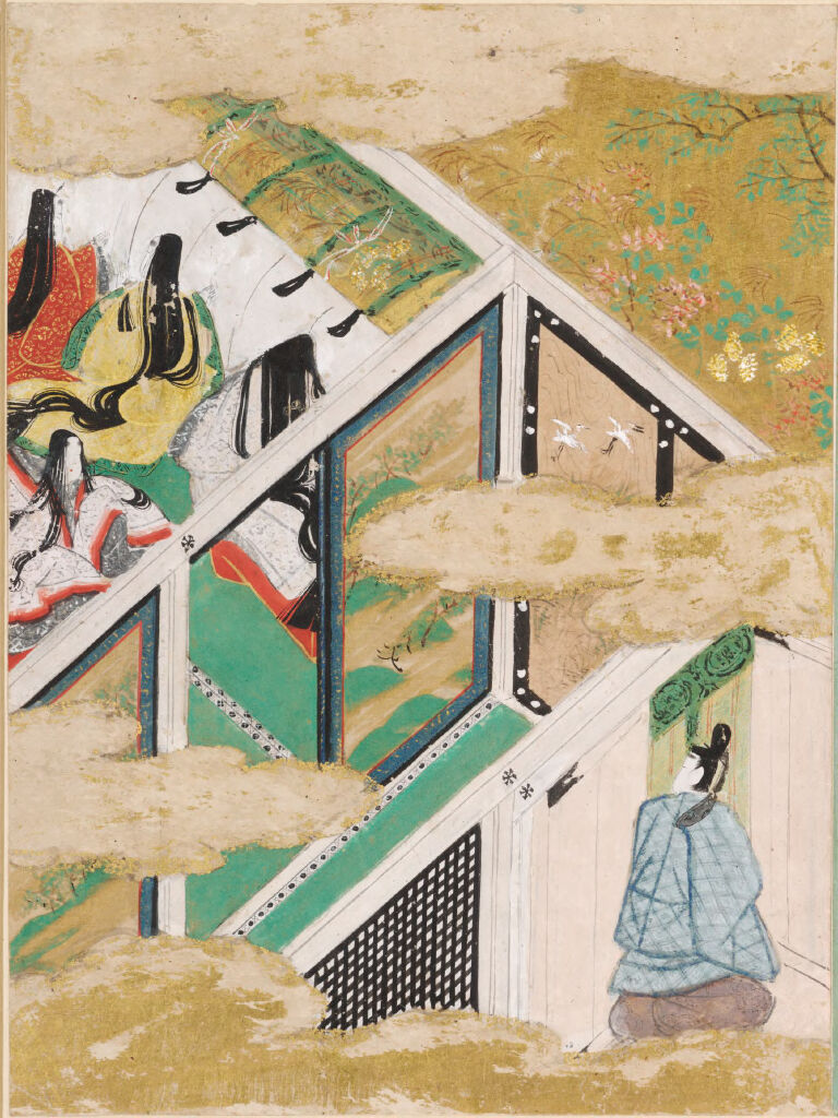 Gold illustration by Tosa Mitsunobu depicting figures in a scene of light and emotion.