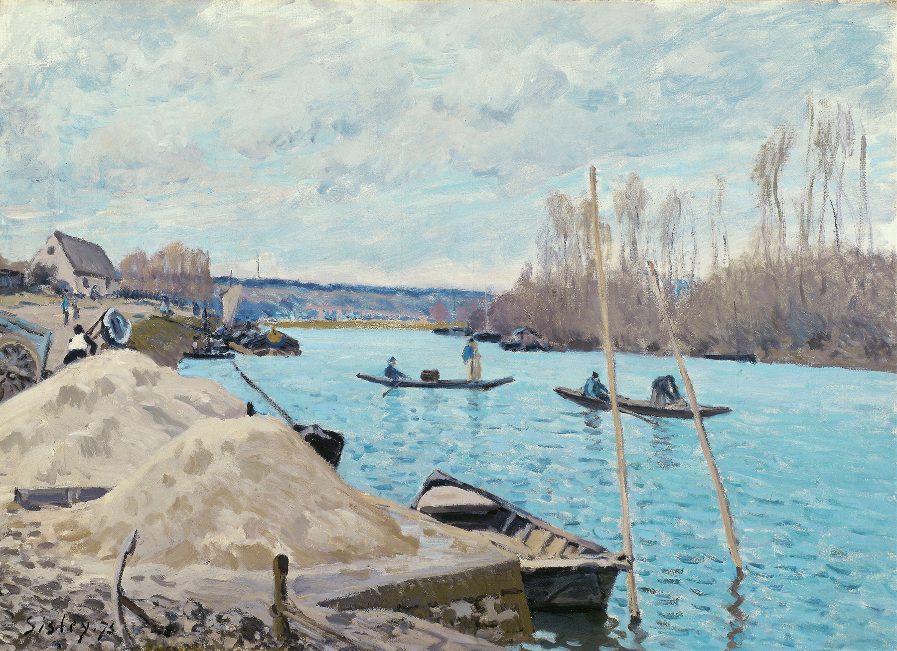 The Seine at Port-Marly, Piles of Sand by Alfred Sisley, oil painting depicting a river landscape.