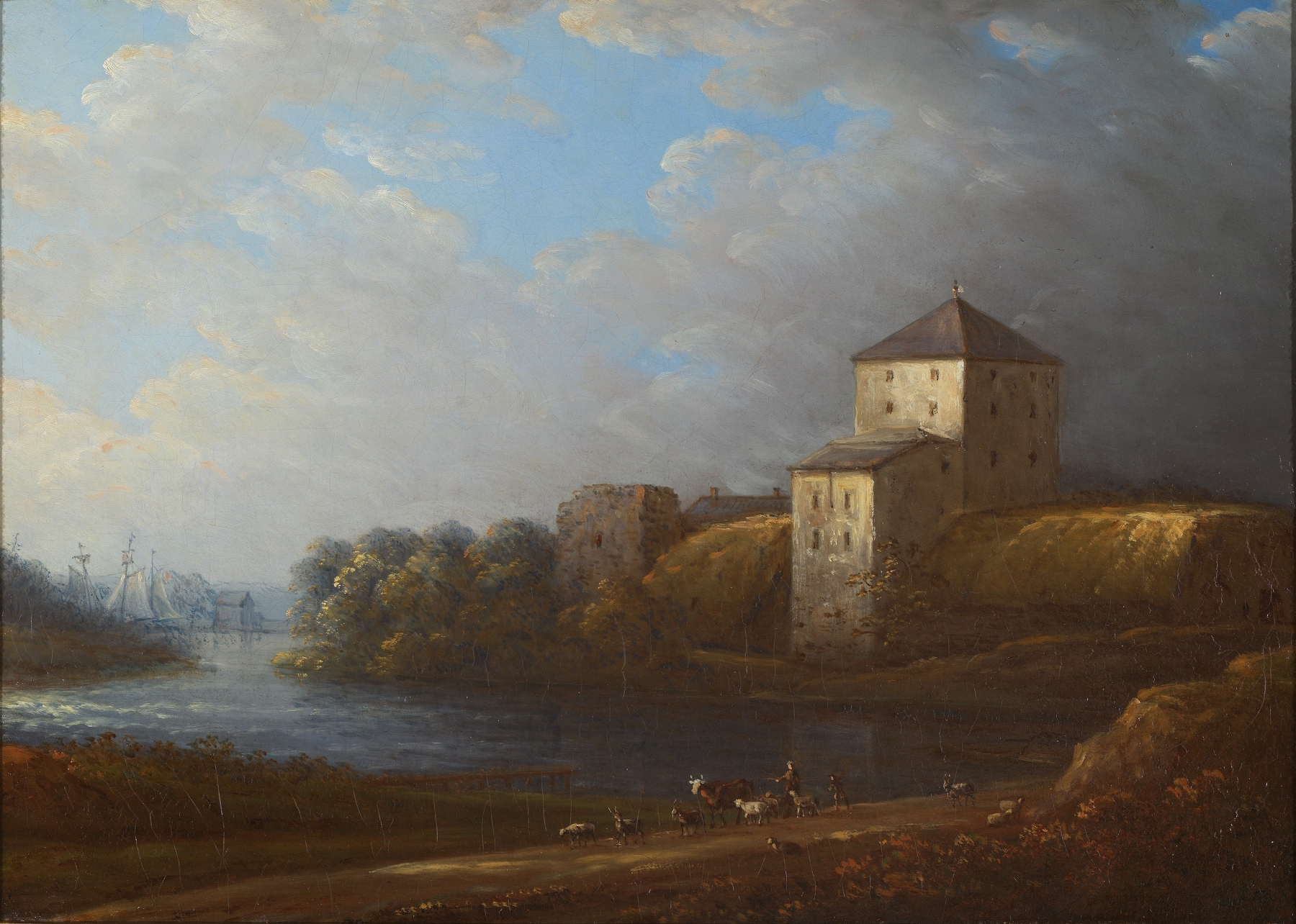 Nyköping Castle by Carl Johan Fahlcrantz, oil painting depicting a castle at sunset