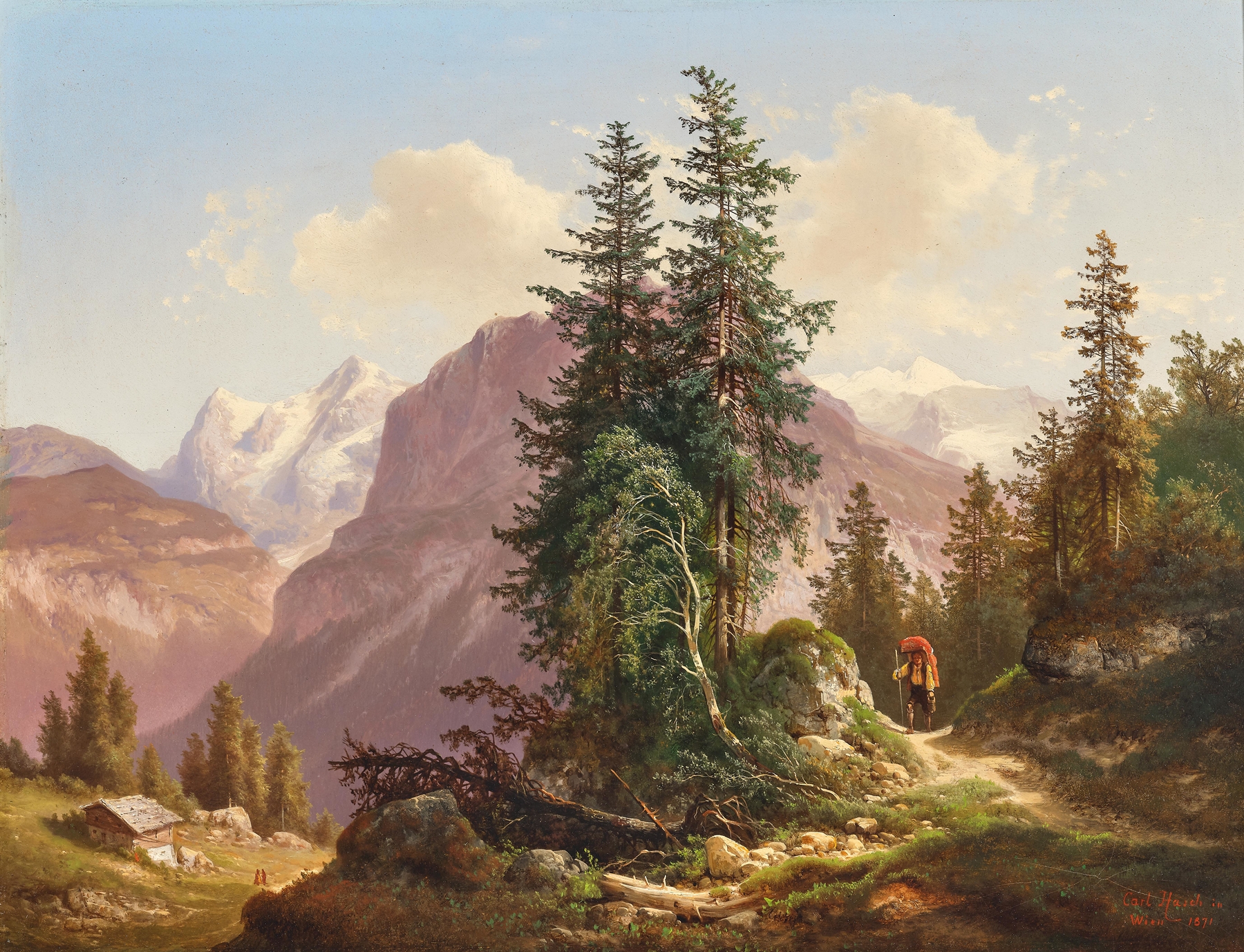 Oil painting by Carl Hasch depicting mountains and clouds in Switzerland