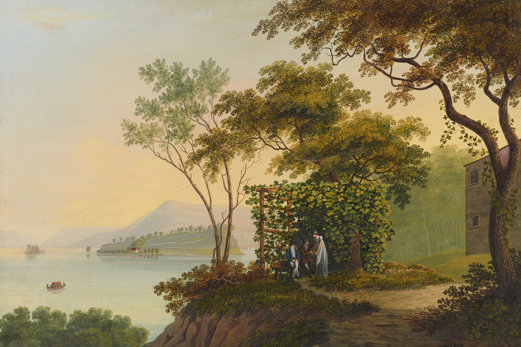 Petters-Insel auf dem Bielersee by Johann Heinrich Bleuler, oil on canvas depicting a tranquil lake and island.