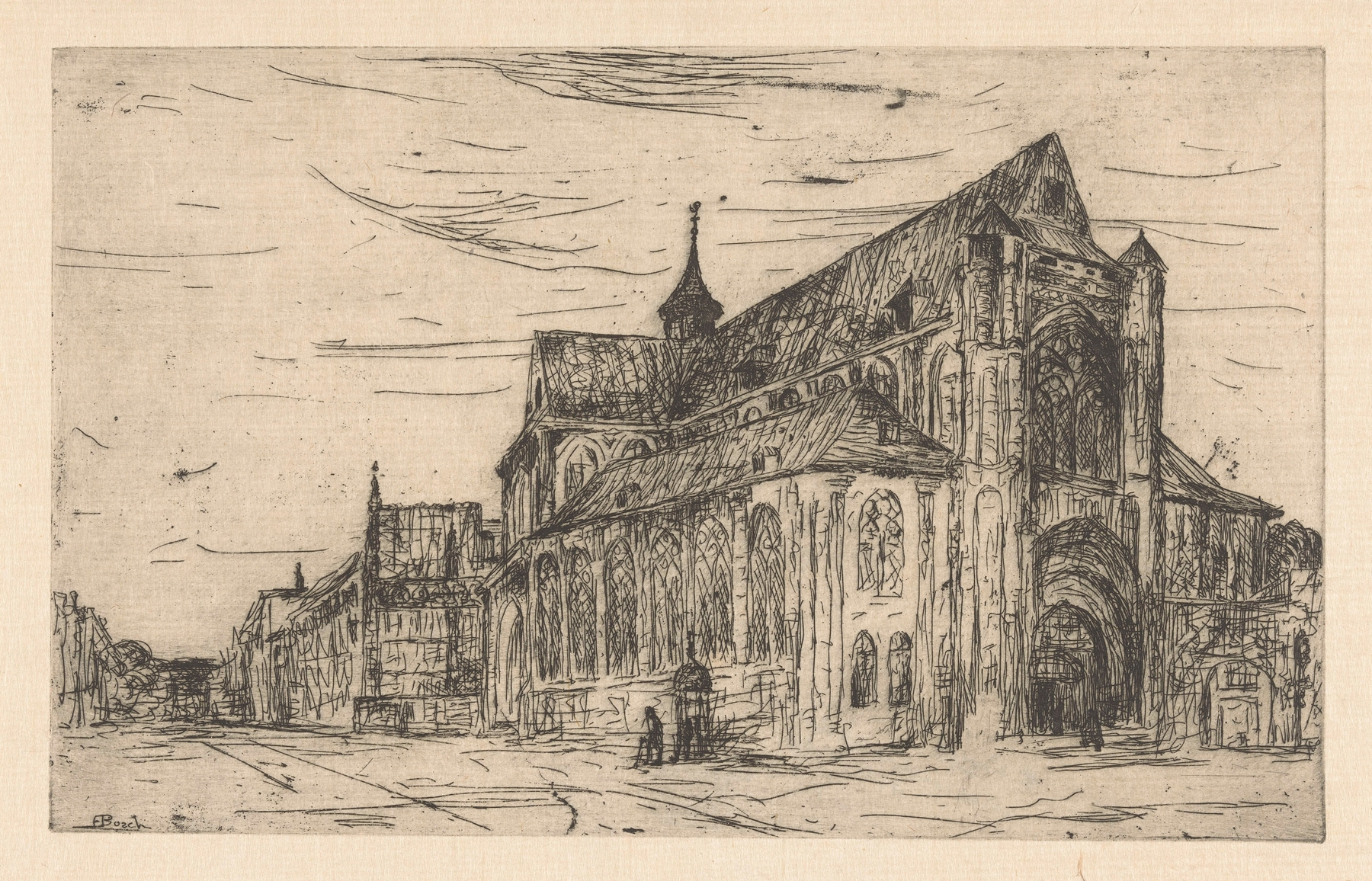 Architecture of a church with spires against a muted sky by Etienne Bosch, oil painting