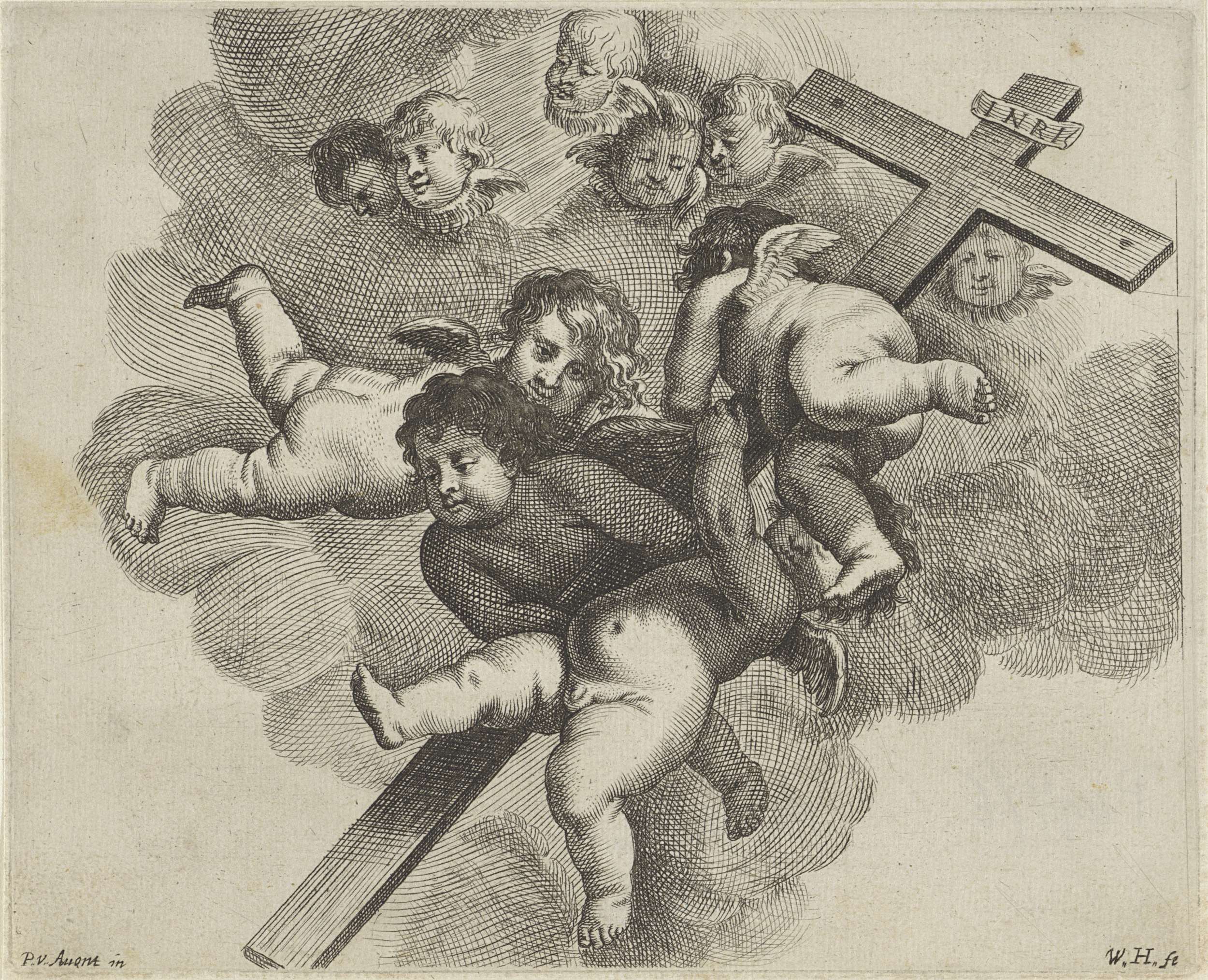 Etching by Wenceslaus Hollar showing cherubs carrying a heavy cross