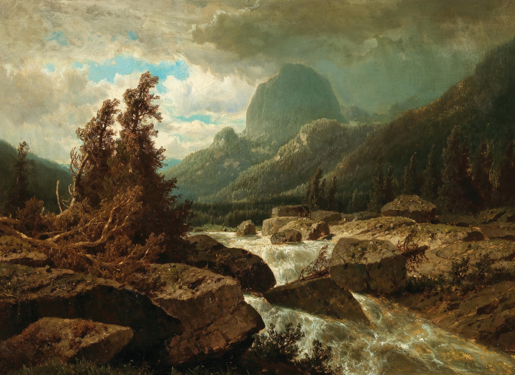 Landscape of Lake Hintersee with reflections, oil painting by Adolf Chwala