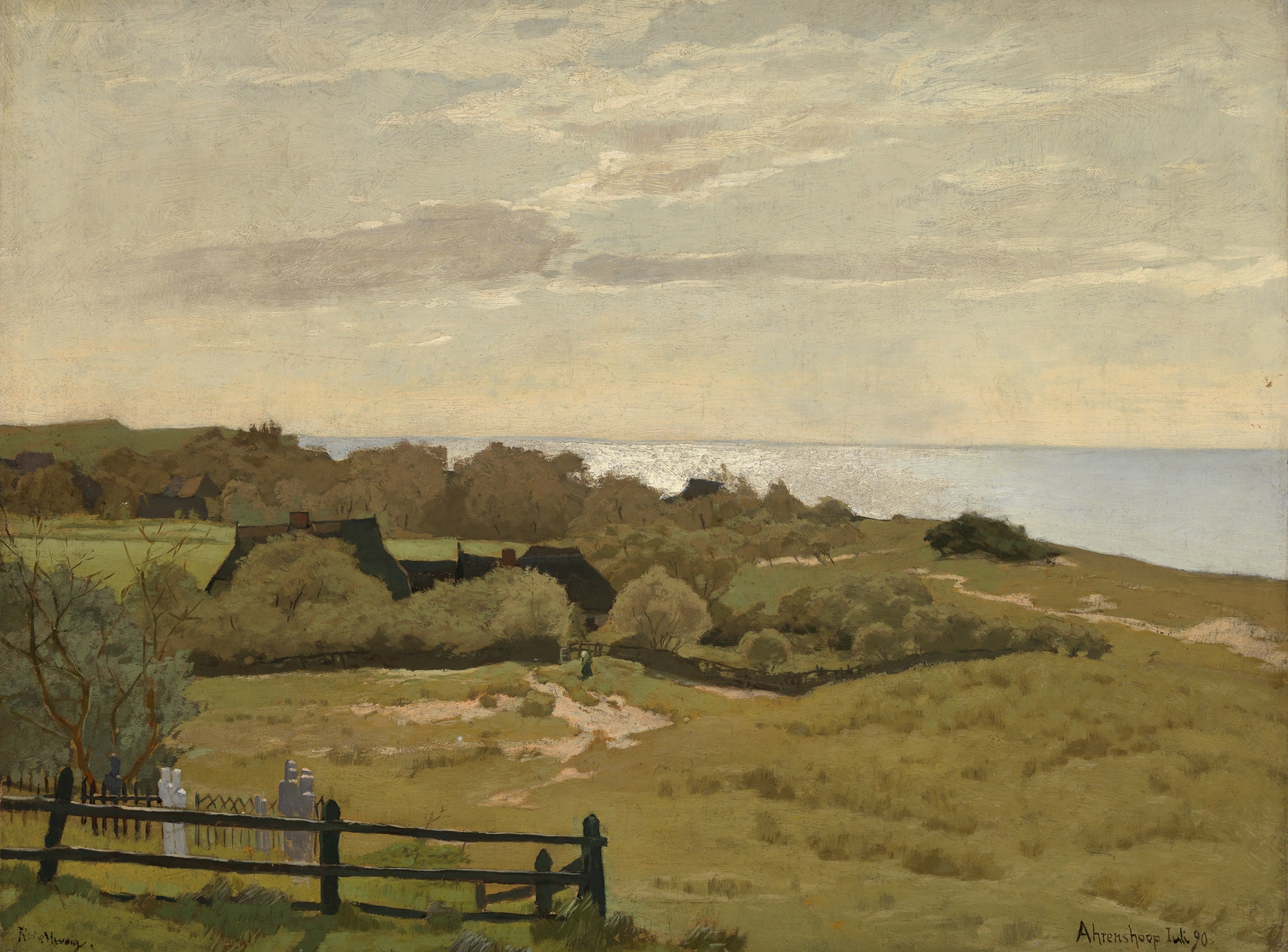 Friedhof in Ahrenshoop by Rudolf Hellwag, oil on canvas depicting a graveyard under an overcast sky.