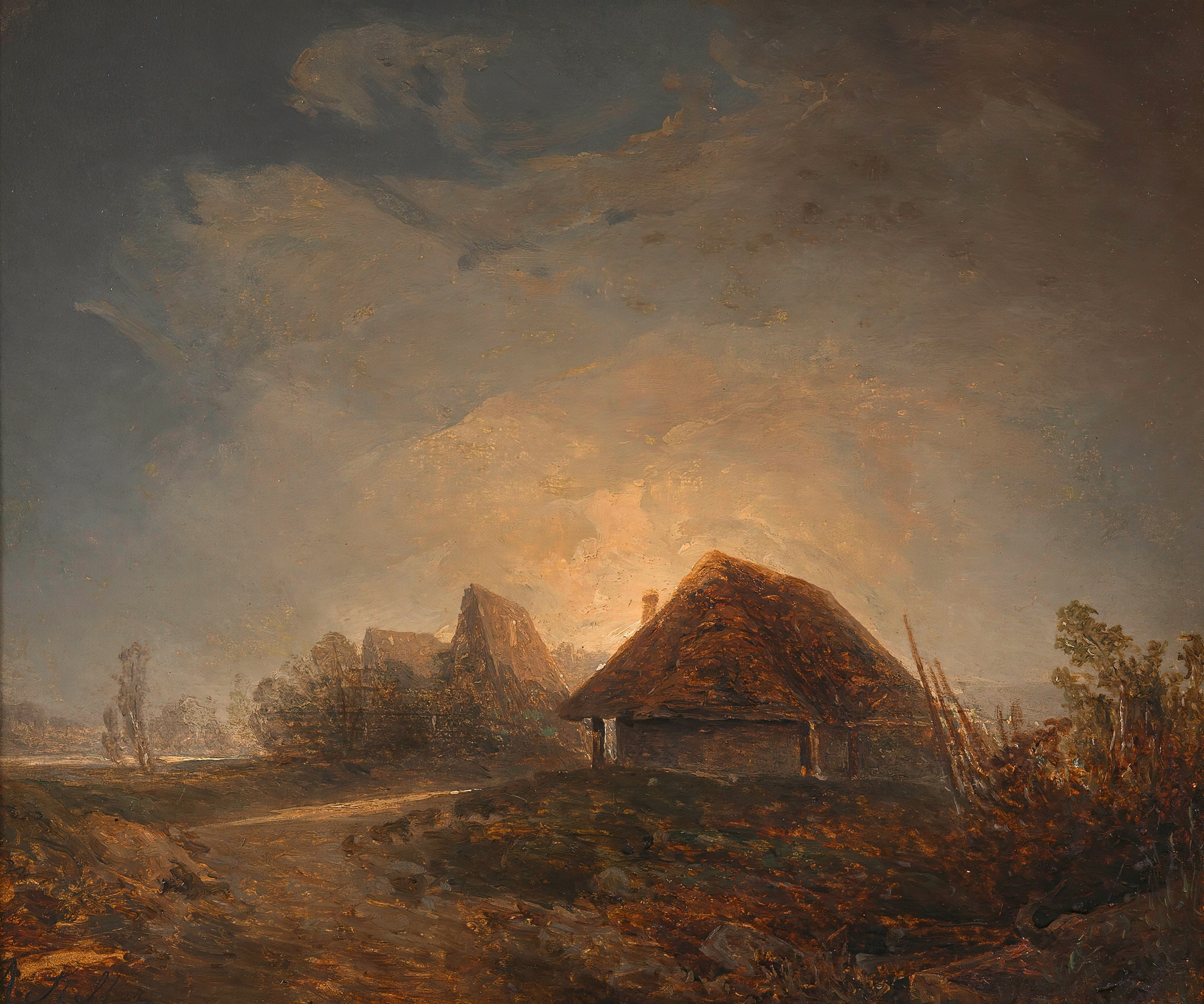 Westungarische Landschaft mit Hütten und aufgehendem Mond by Adalbert Stifter, oil painting depicting huts under moonlight.