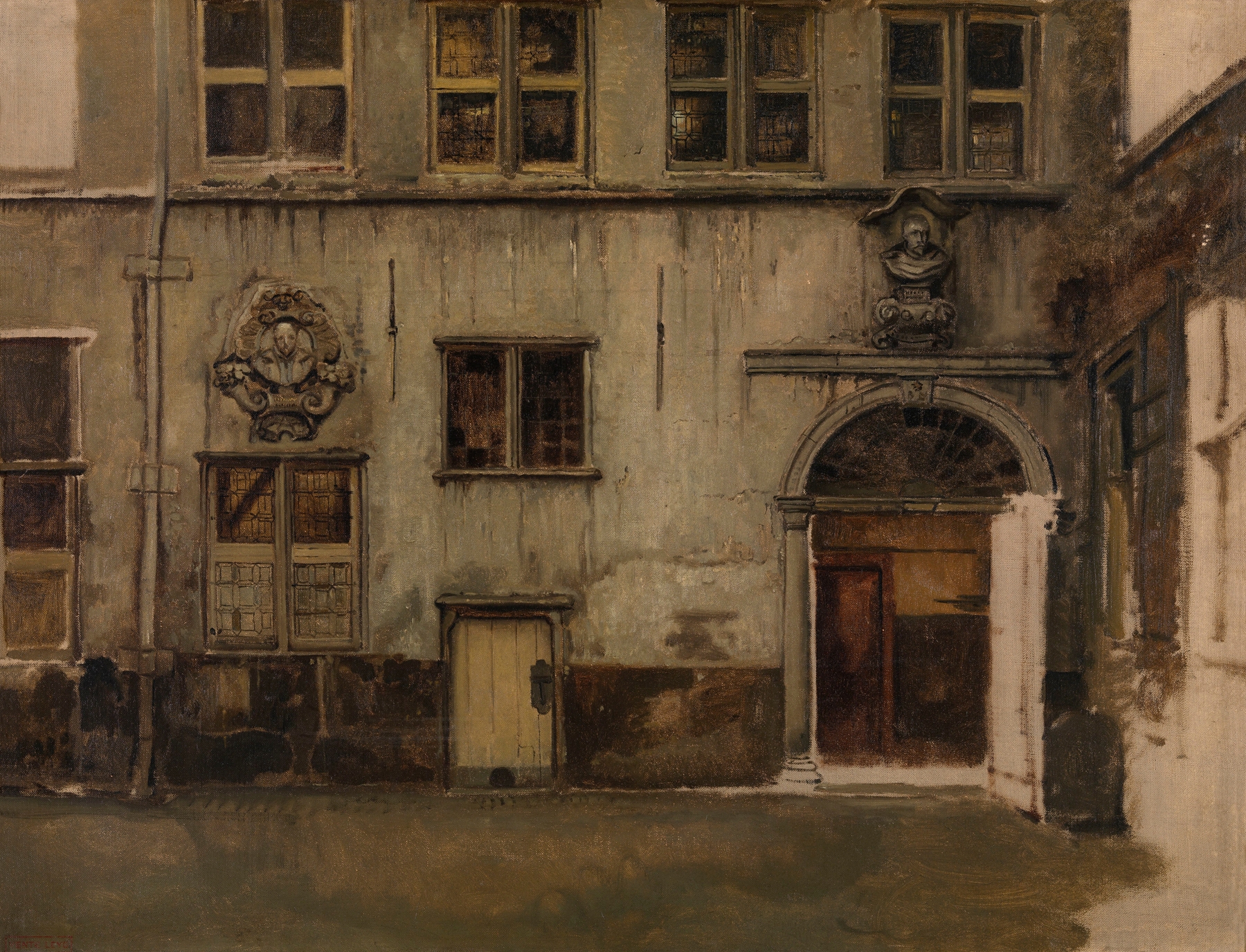 Courtyard scene with sunlight and shadows, oil on canvas by Jan August Hendrik Leys