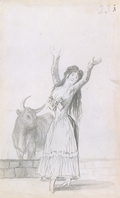 A young woman dances with her arms raised, while a bull stands in the background.