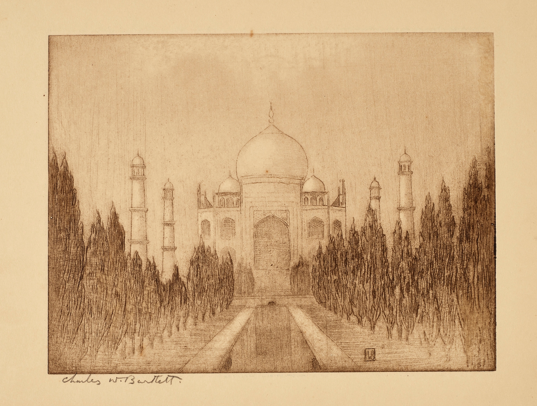 Watercolour by Charles Bartlett depicting the Taj Mahal with flowers and trees.