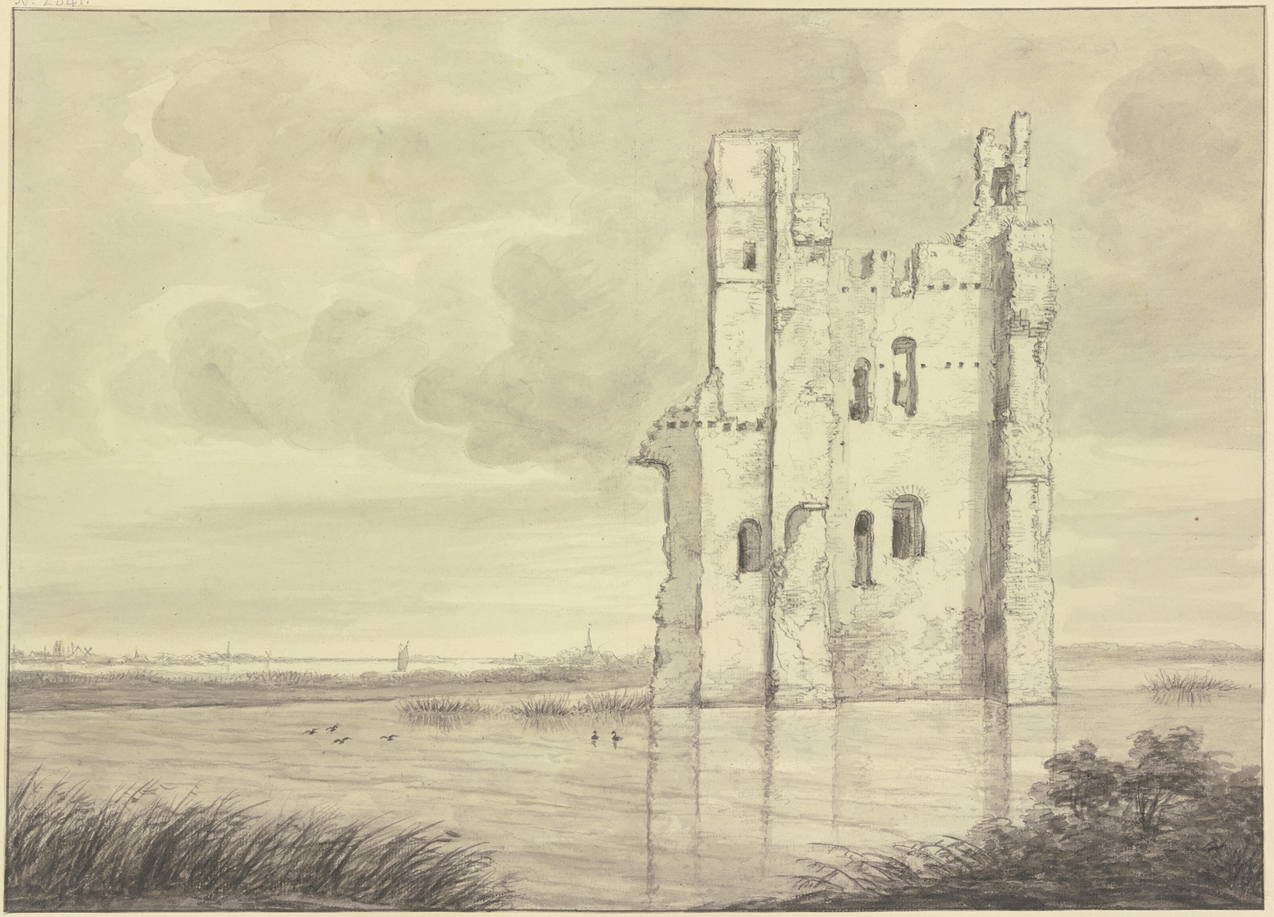 Landscape with a tower reflected in water by Roelant Roghman, oil painting
