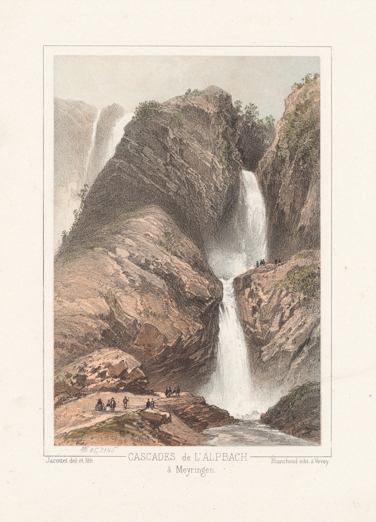 Cascades de l’Alpbach à Meyringen by Jean Jacottet, oil painting depicting a waterfall and lush greenery.