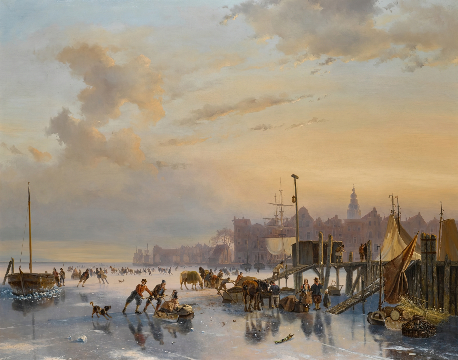 Skaters on ice in Amsterdam by Nicolaas Johannes Roosenboom, oil painting