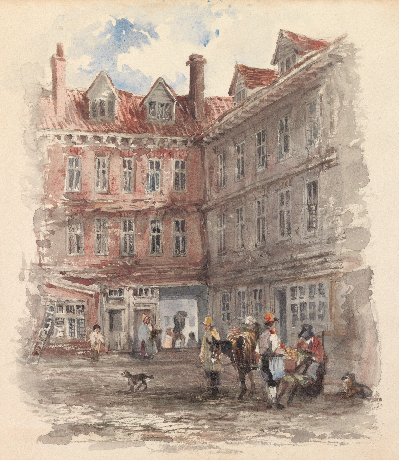 Urban scene with vendors in oil on canvas by Harry Willson