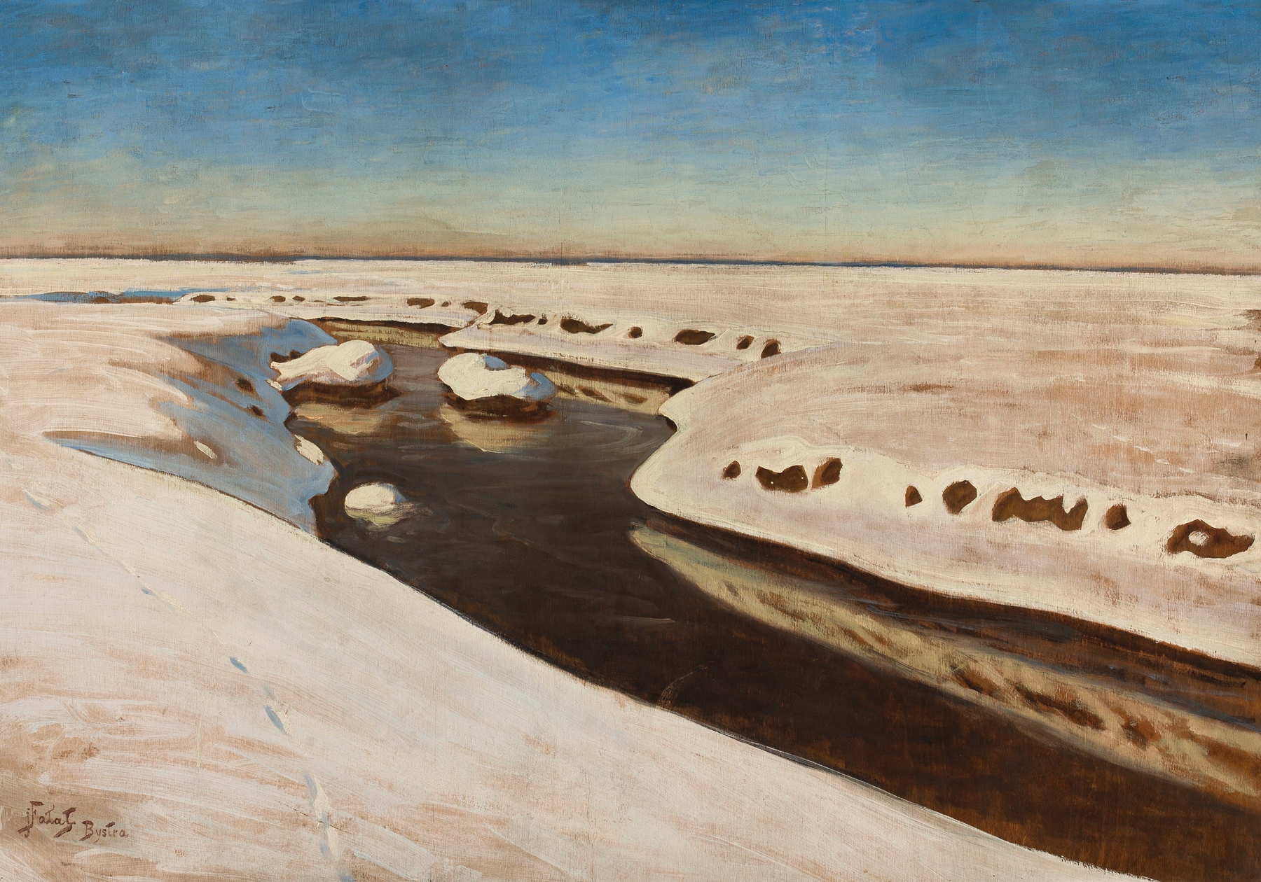 Landscape from Bystra by Julian Falat, oil on canvas depicting a meadow and distant mountains