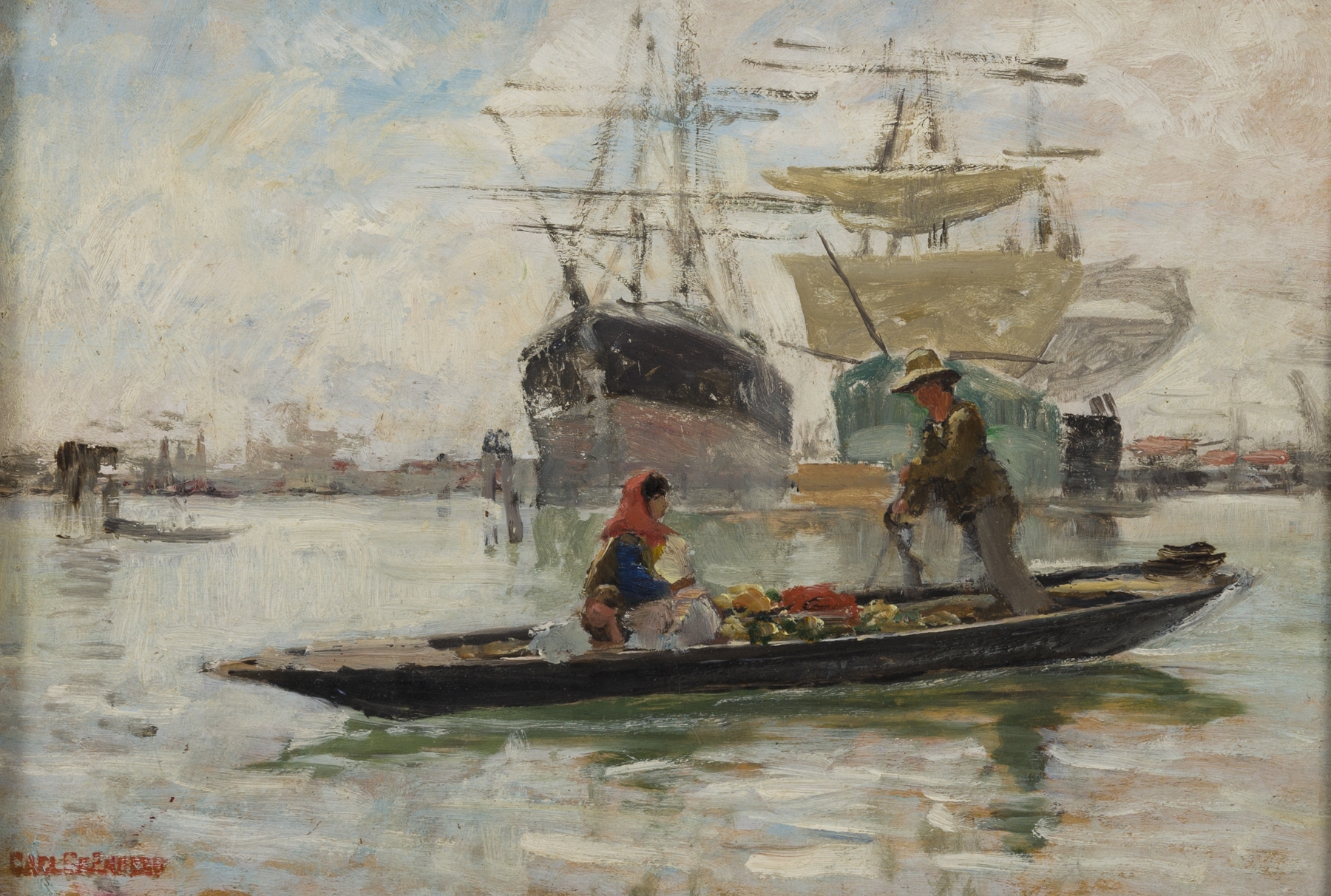 Marine scene depicting a sketch of boats on water by Carl Skånberg