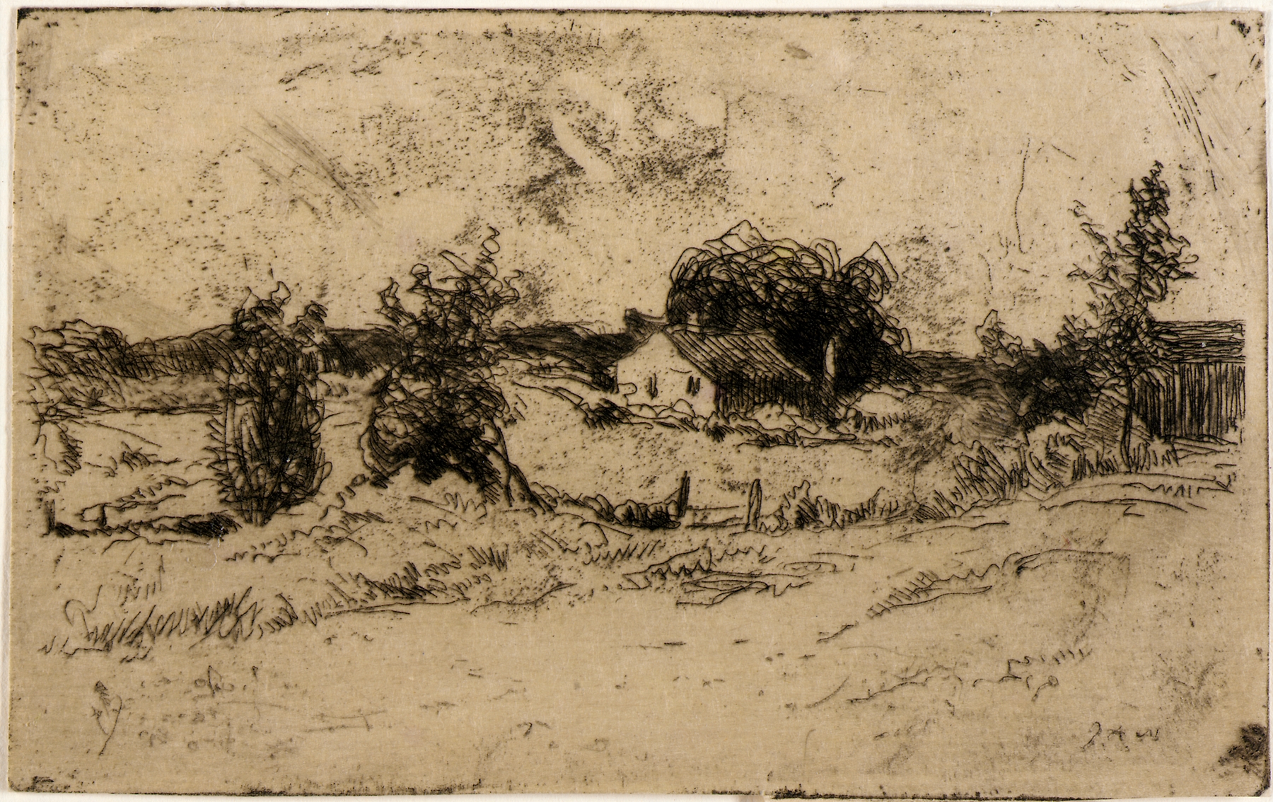 The Farm by Julian Alden Weir, impressionist oil painting of golden wheat fields.
