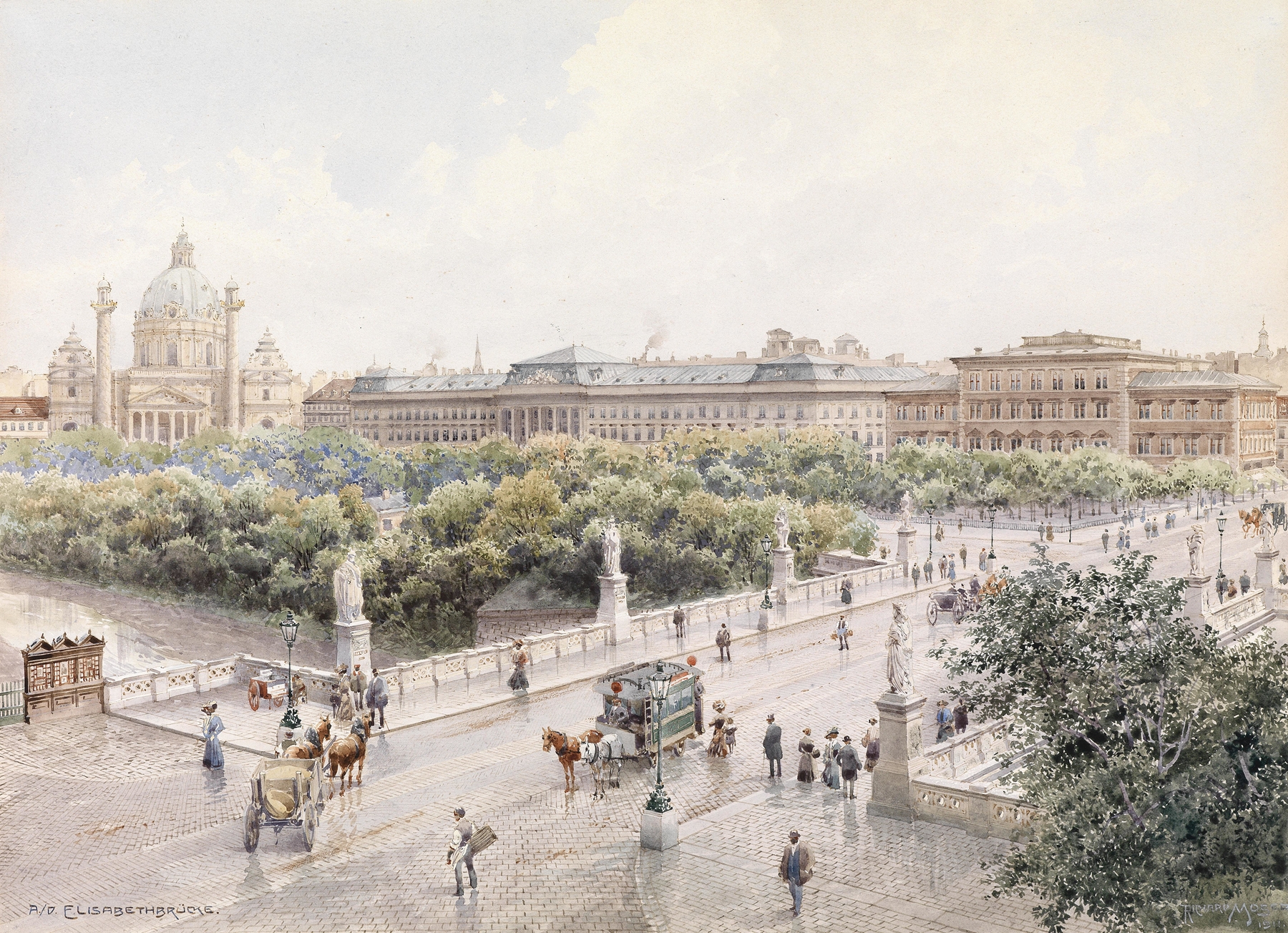 Wien Elisabethbrücke by Richard Moser, oil on canvas depicting a river and bridge