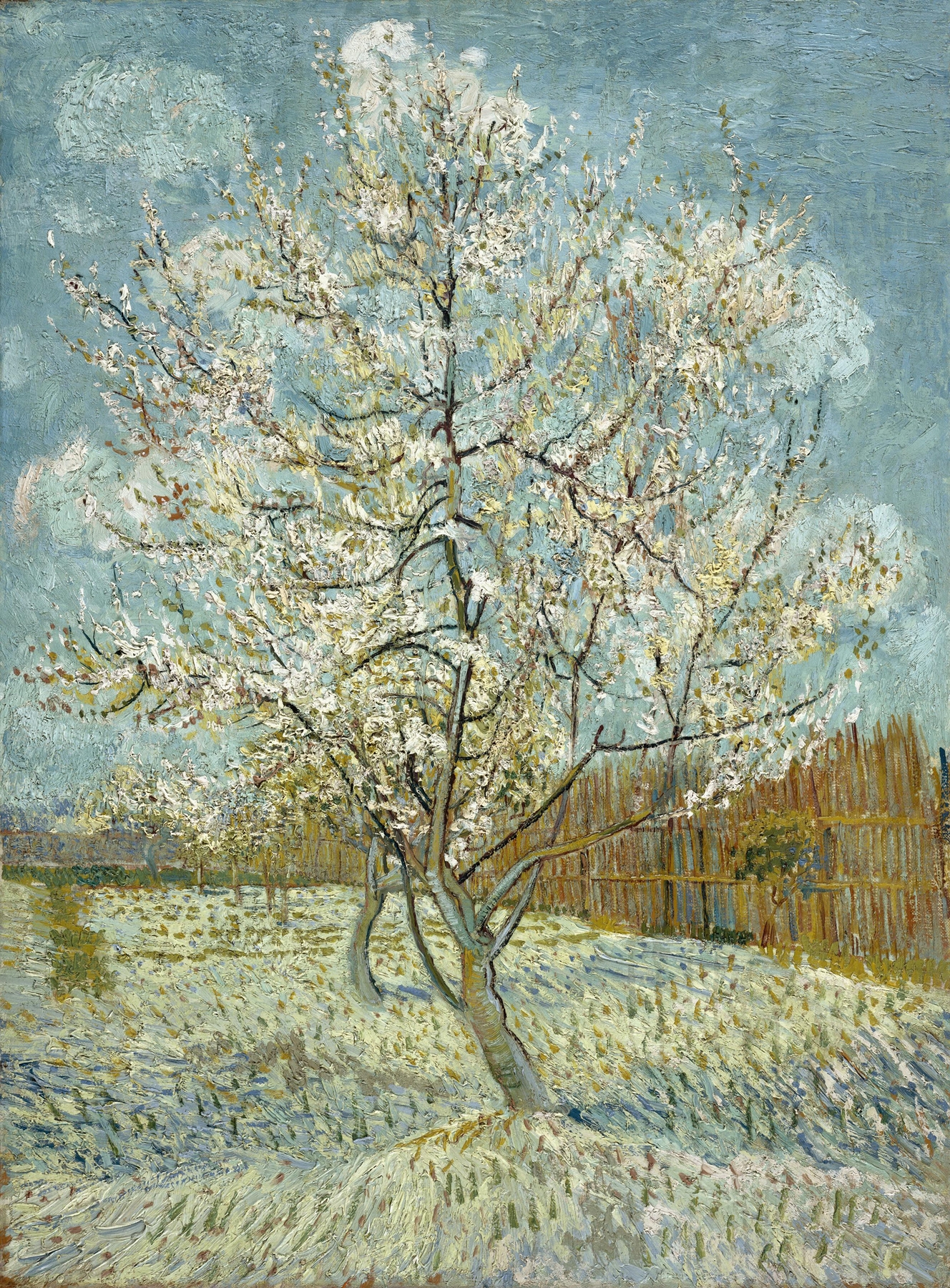 The Pink Peach Tree by Vincent van Gogh, oil on canvas, featuring vibrant pink blossoms and lush green foliage.