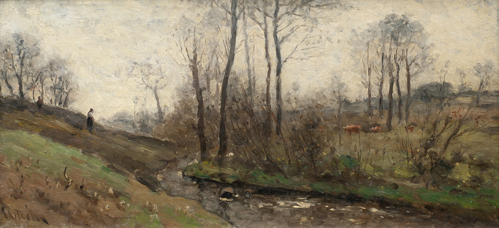Landscape with a Running Brook, oil painting by Per Ekström, depicting a brook in a serene landscape.