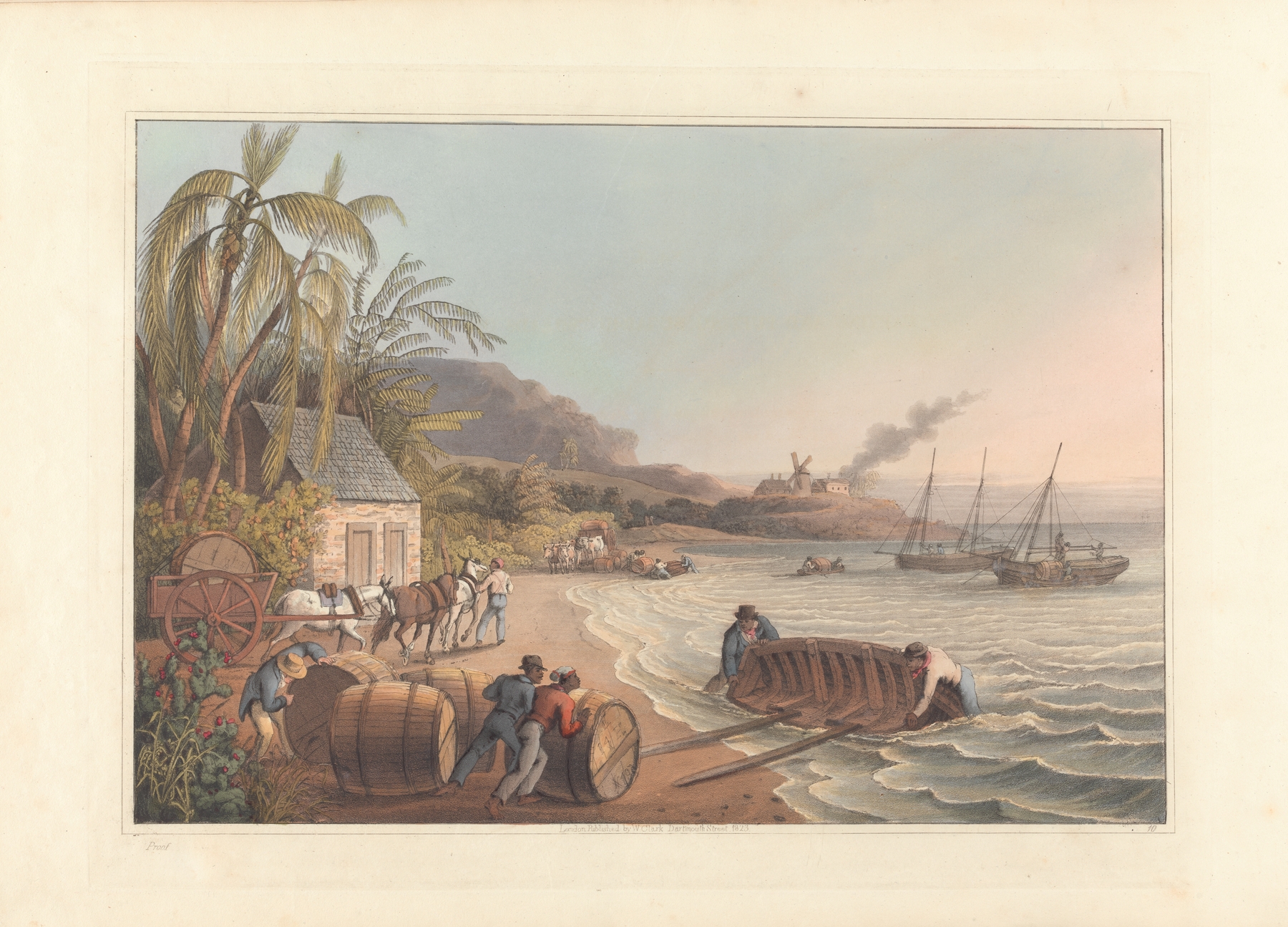 Carting and putting Sugar-Hogsheads on board, by William A. V. Clark, public domain