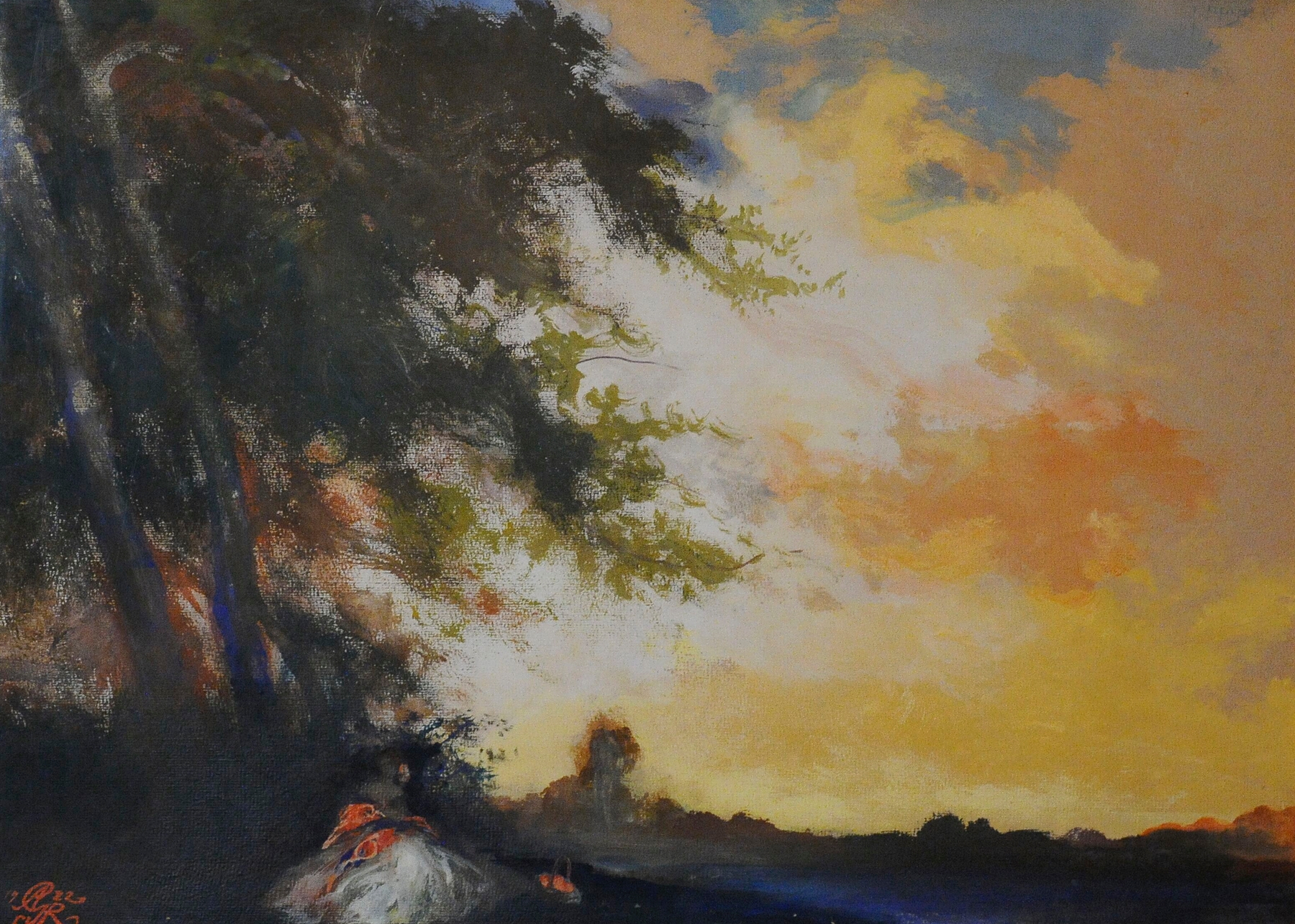 Idyll by Antoni Gawiński, impressionism, depicting a tranquil landscape with sunlight and a pond.