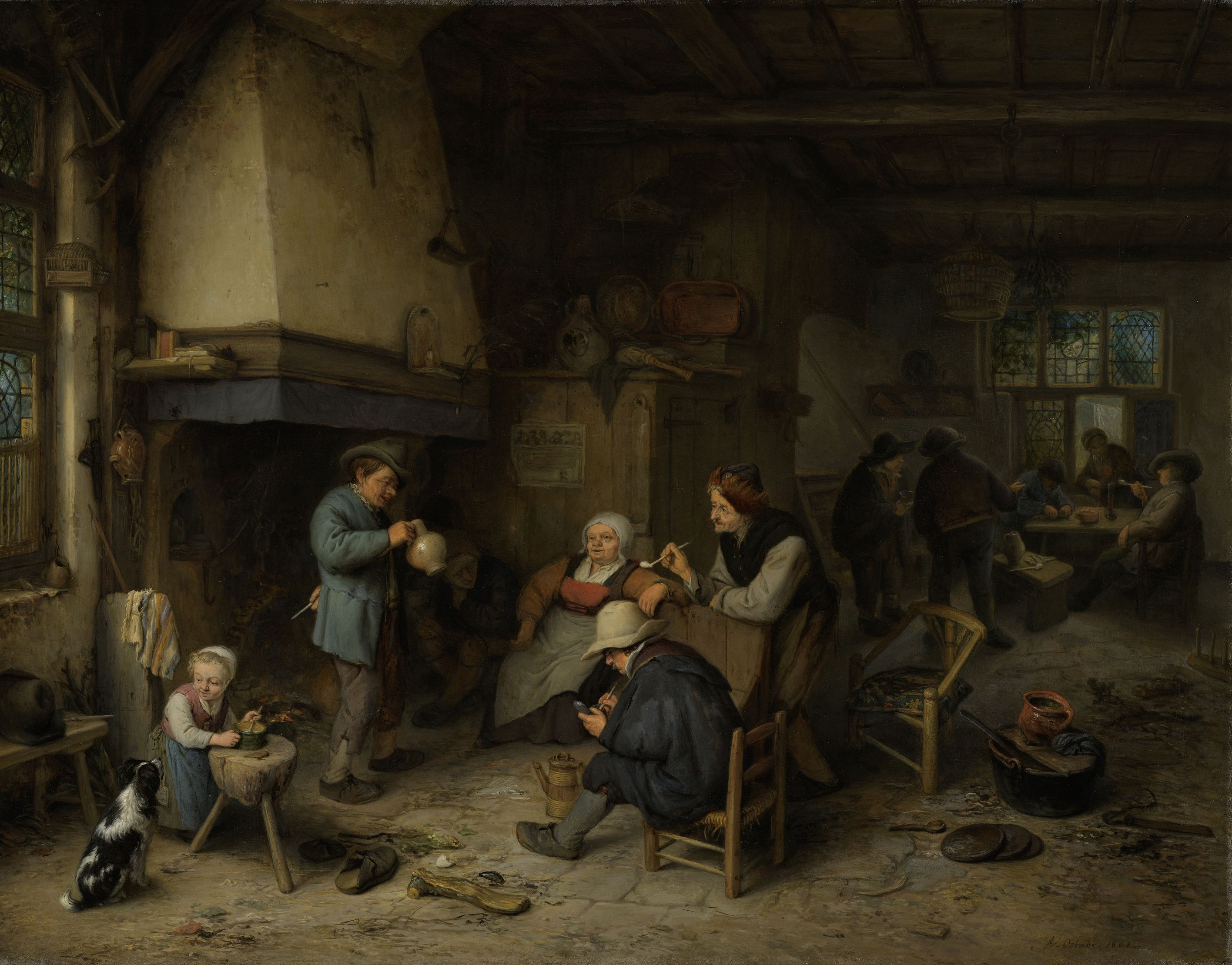 Interior scene with peasants discussing, a child eating soup, and a dog watching, oil on copper by Adriaen van Ostade