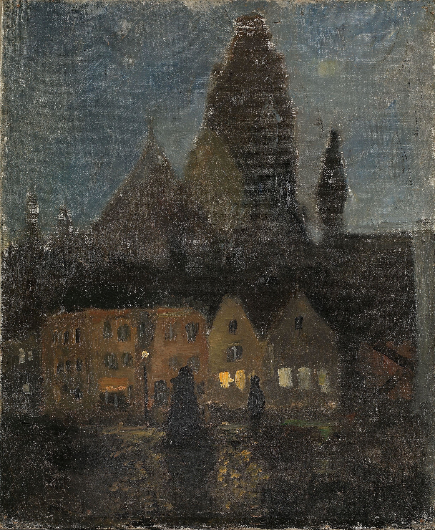 Evening in Dieppe by Frits Thaulow, oil painting depicting a harbor at sunset