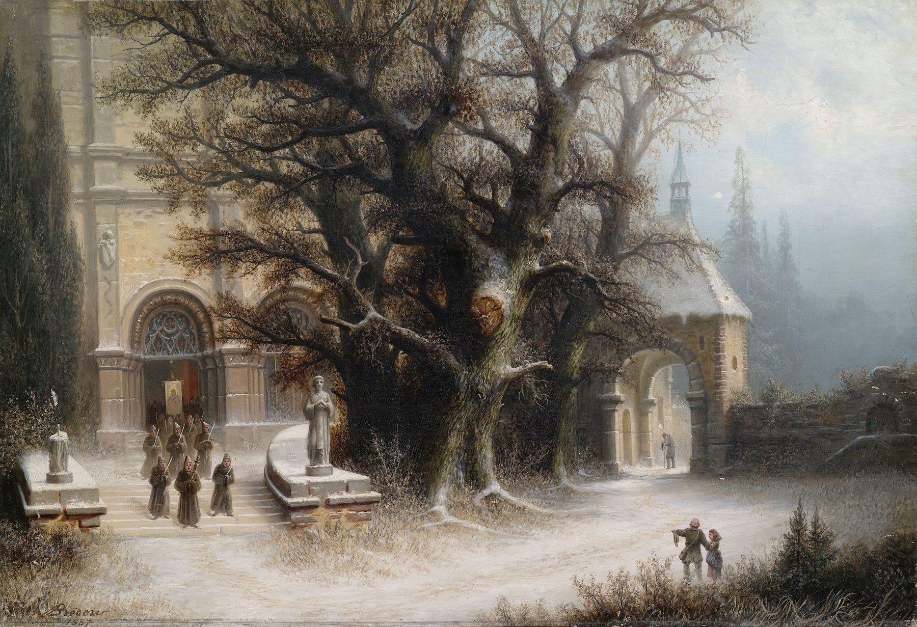 Procession at a Snowy Monastery by Albert Bredow, oil painting depicting monks walking through snow