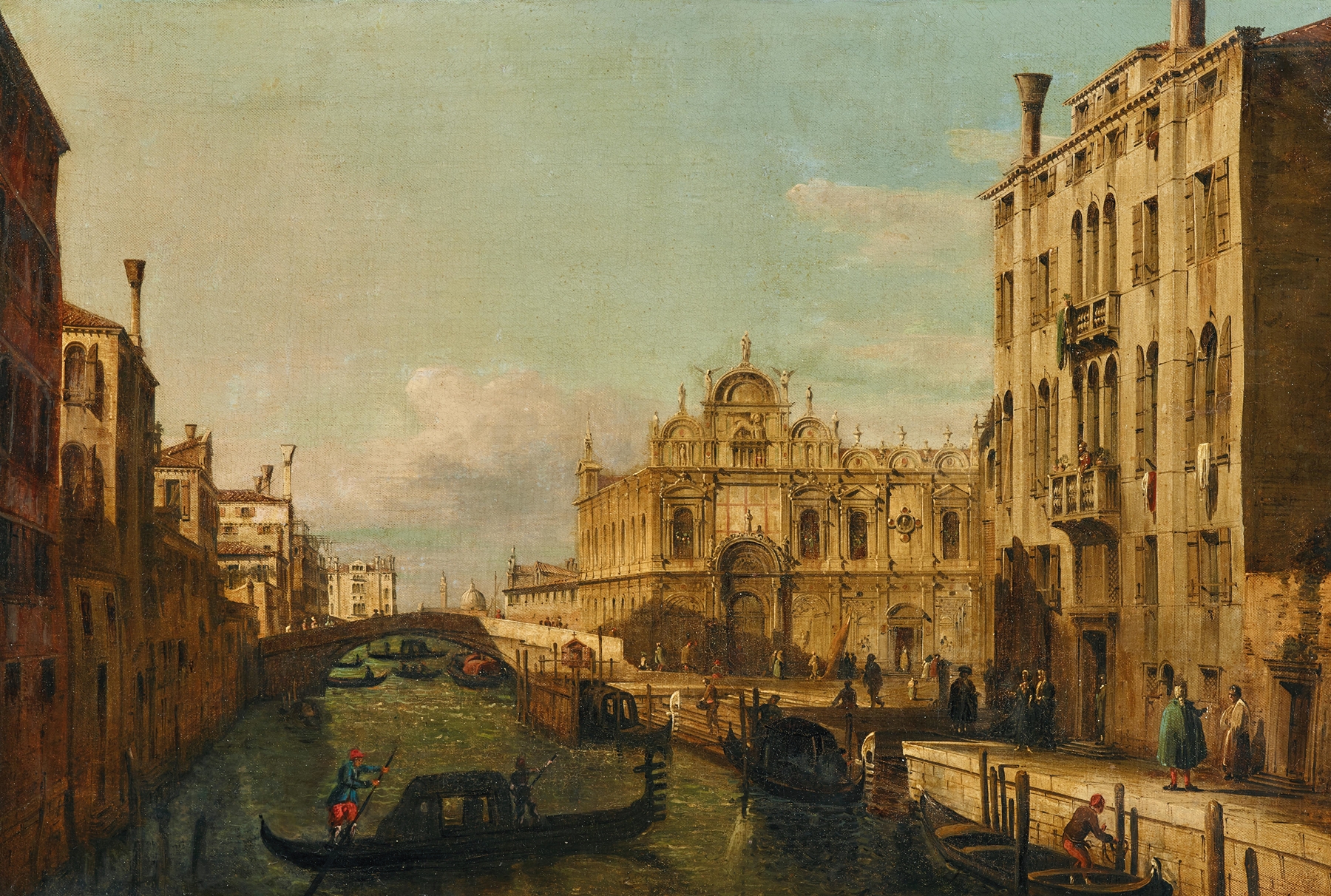 Oil on canvas by Francesco Zanin depicting a Venetian canal with the Scuola di San Marco.