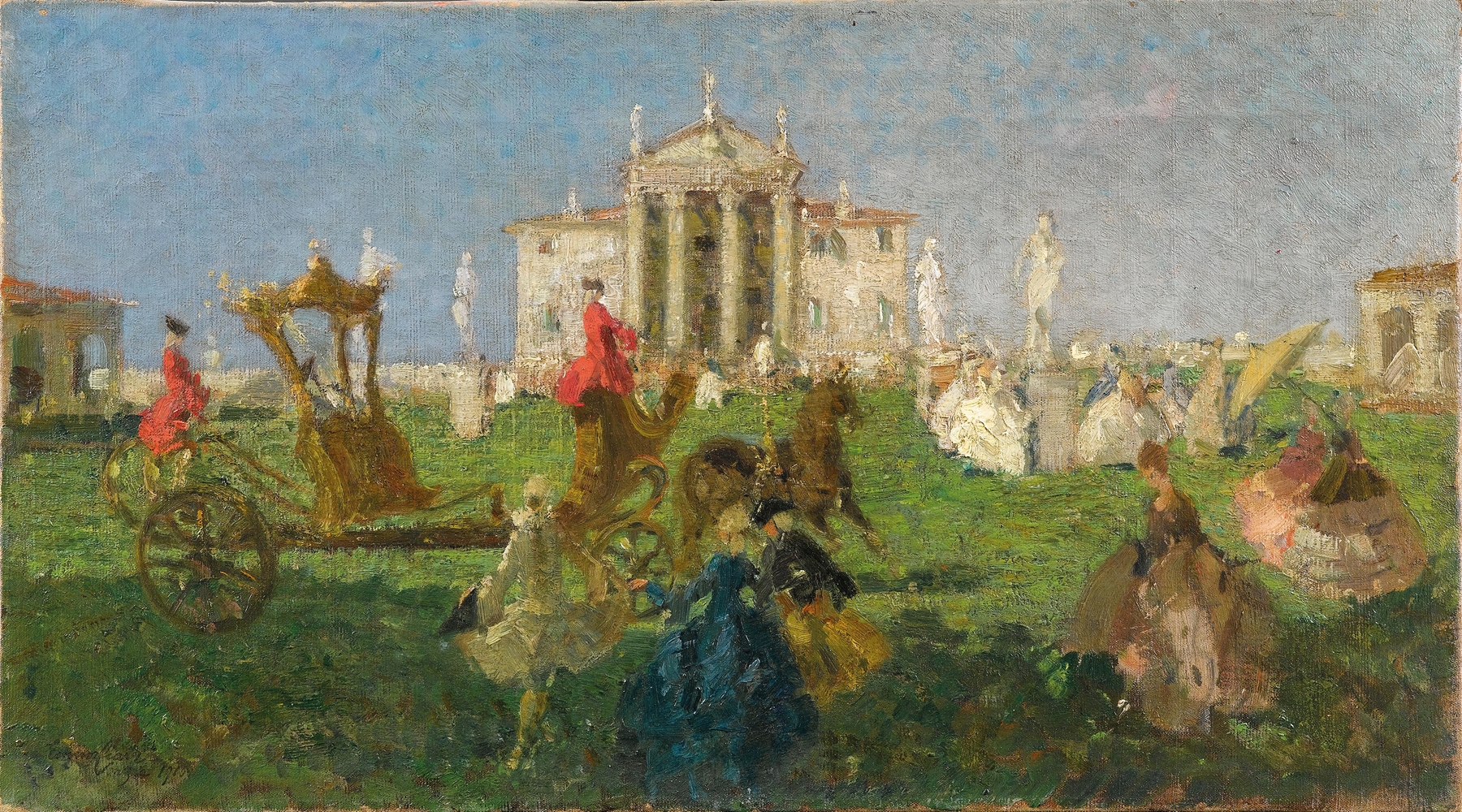 Kutschenfahrt vor der Villa Capra by Emma Ciardi, oil on canvas depicting a carriage near a villa at sunset.