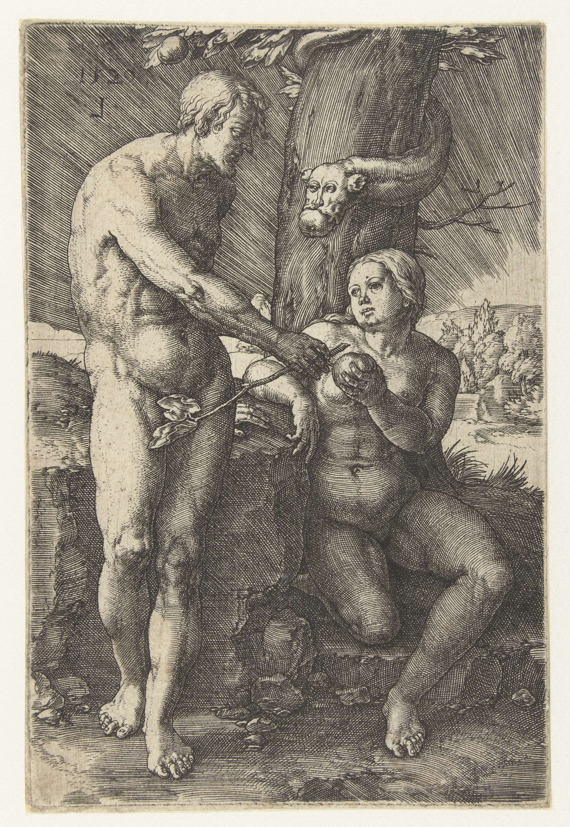 Engraving by Lucas van Leyden depicting Adam and Eve in a lush garden.