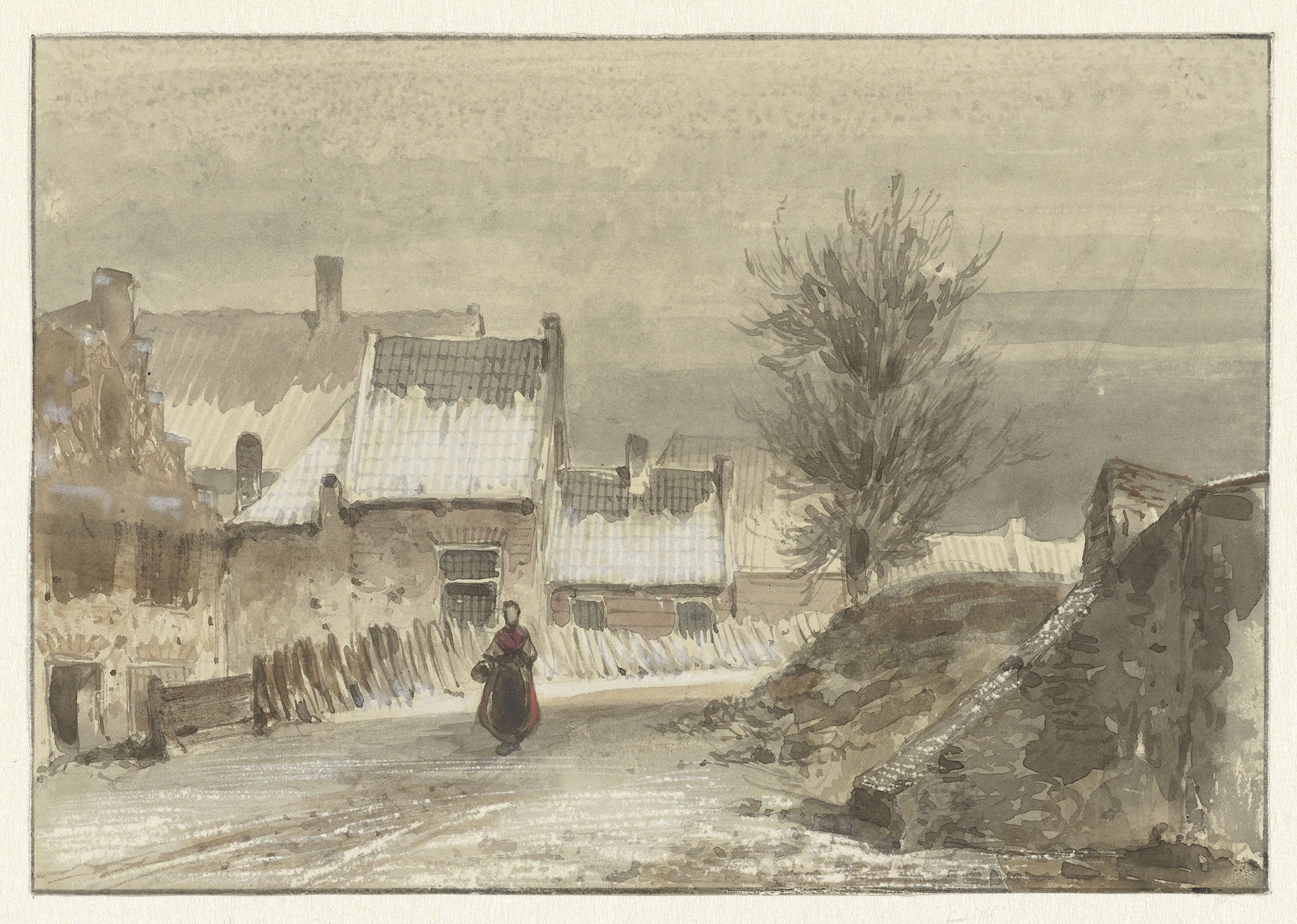 Winter landscape with a woman standing on ice, oil on canvas by Johannes Franciscus Hoppenbrouwers.