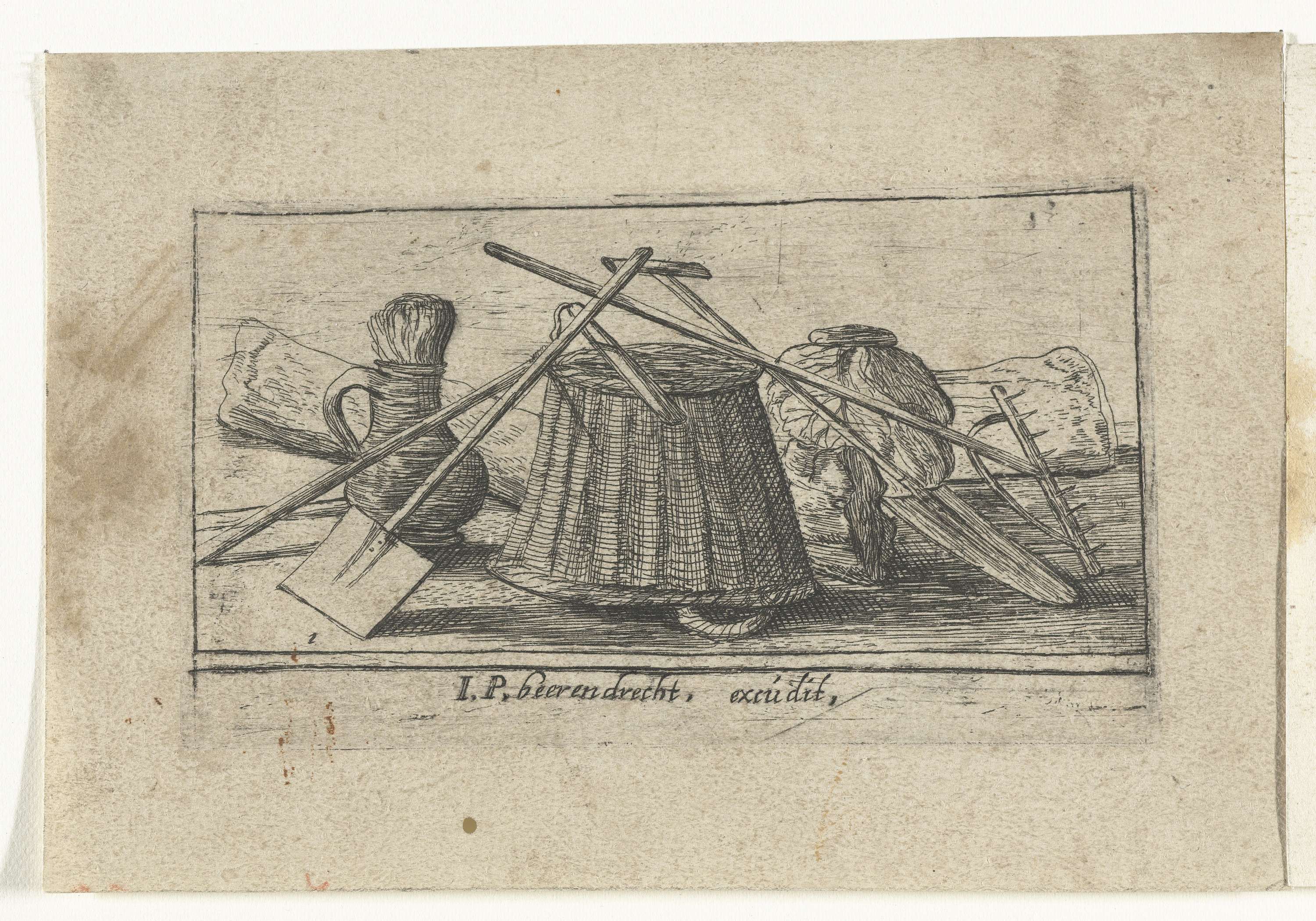 Etching of agricultural tools like plow, hoe, and sickle by Unknown Artist