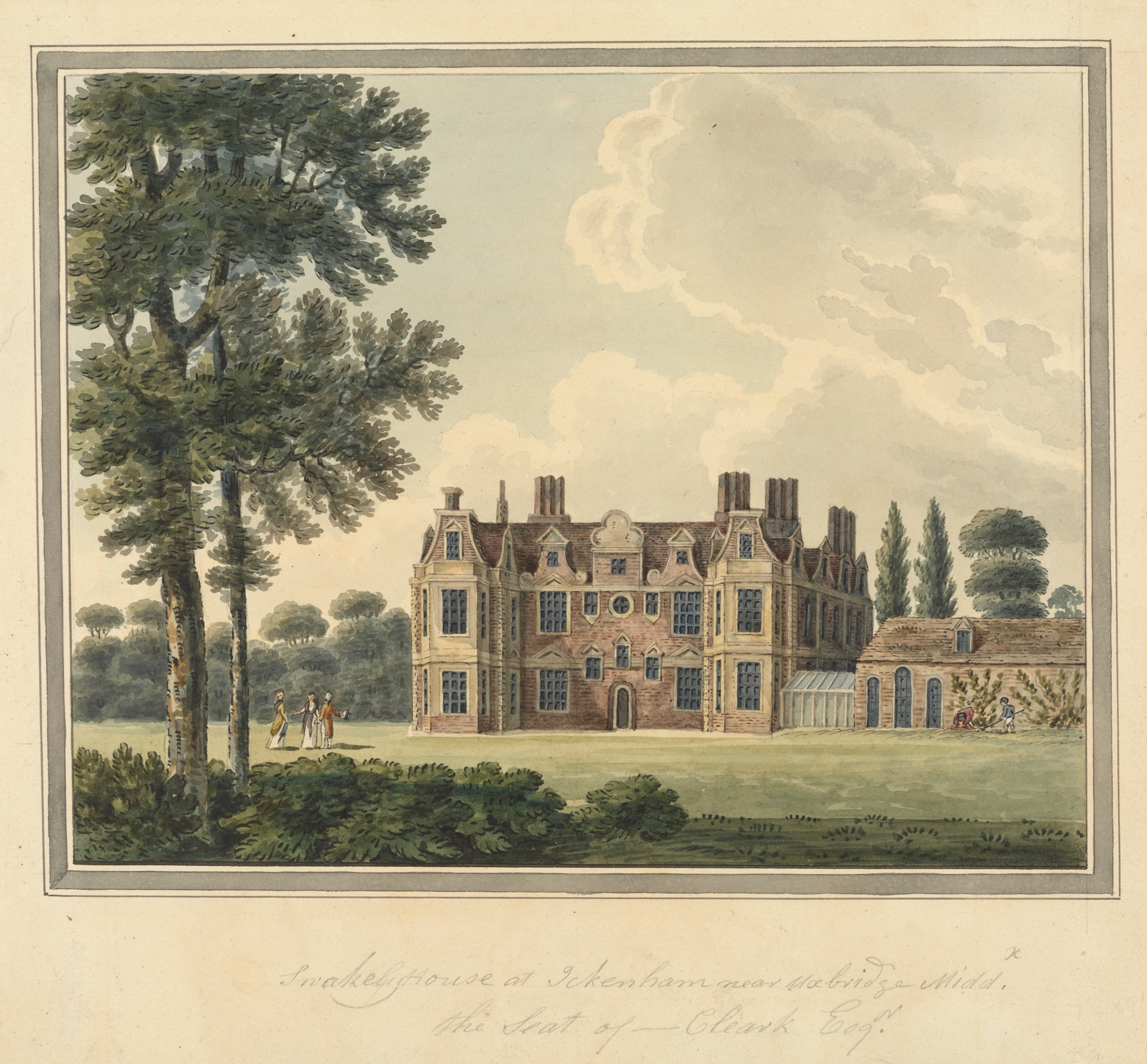 Swakeley House, an oil painting by Charles Tomkins, showcasing grand architecture and a tranquil setting.
